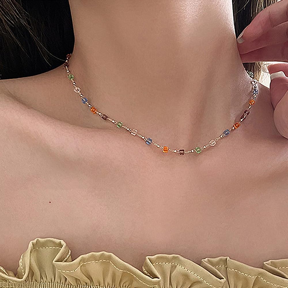 GIGB PBDK Colorful Mini Square Beaded Choker Necklace for Women,Simple Bohemia Statement Adjustable Chain Necklace,Cute Hawaiian Beach Holiday Jewelry Gifts - Image 3