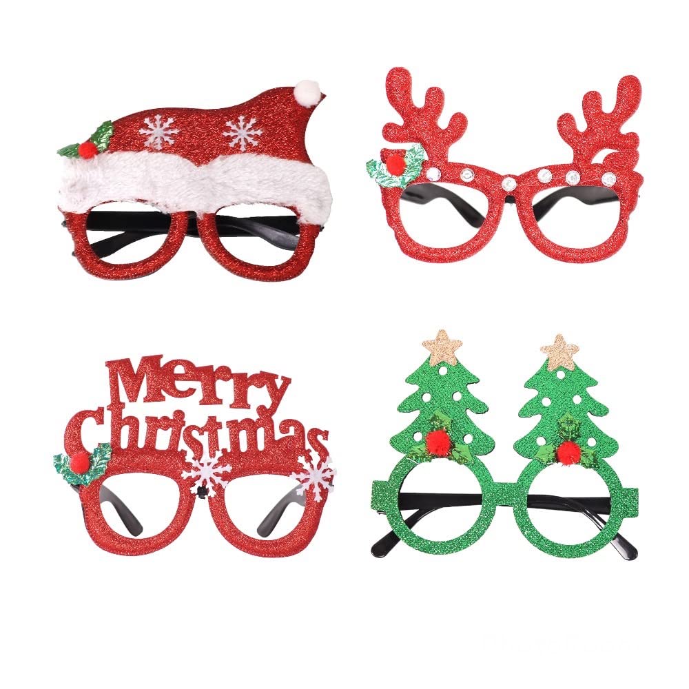HIGHLAND 4 Pcs Christmas Party Glasses – Santa Claus, Reindeer, Tree – Funny Photo Props – Red Plastic Novelty Glasses