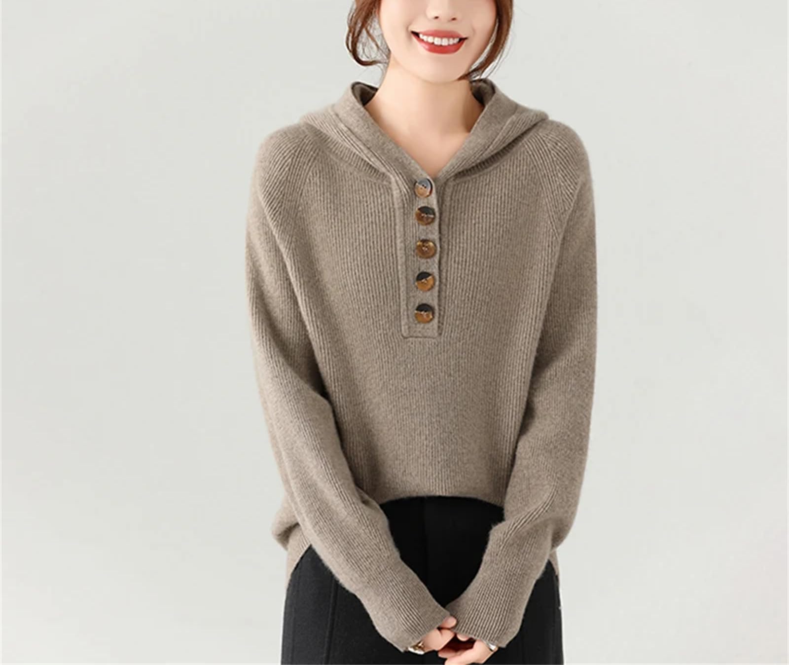 Yeuyyben Maglione da donna in cashmere, a maniche lunghe, con bottoni, invernale, caldo, lavorato a maglia, beige, Beige, L