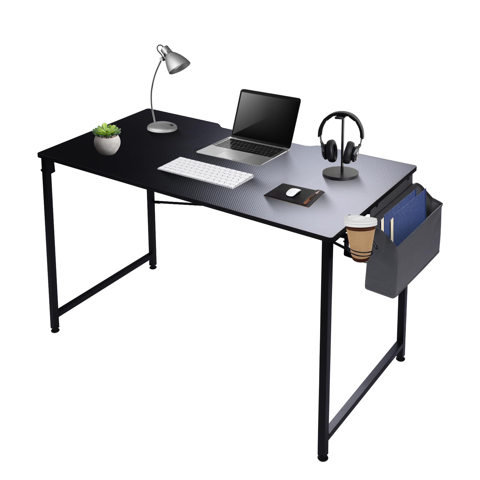 SILVER VALLEY Computer Desk Home Office Writing Desk,Modern Simple Study student & worker,Laptop Table w/Storage Bag,Cup Holder & Headphone Hook (100x50x75cm,Black Carbon Fiber Top)