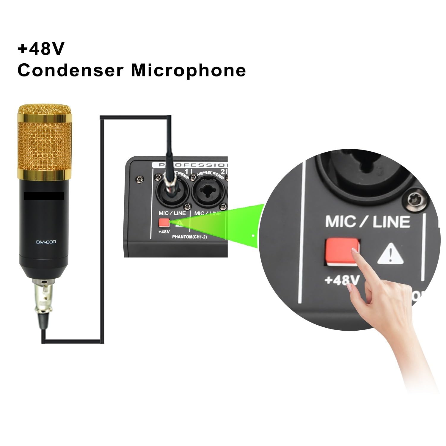 Mikser dźwięku, 6-kanałowy mikser audio 48 V 24 efekty DSP Wejście USB Bluetooth 3,5 mm