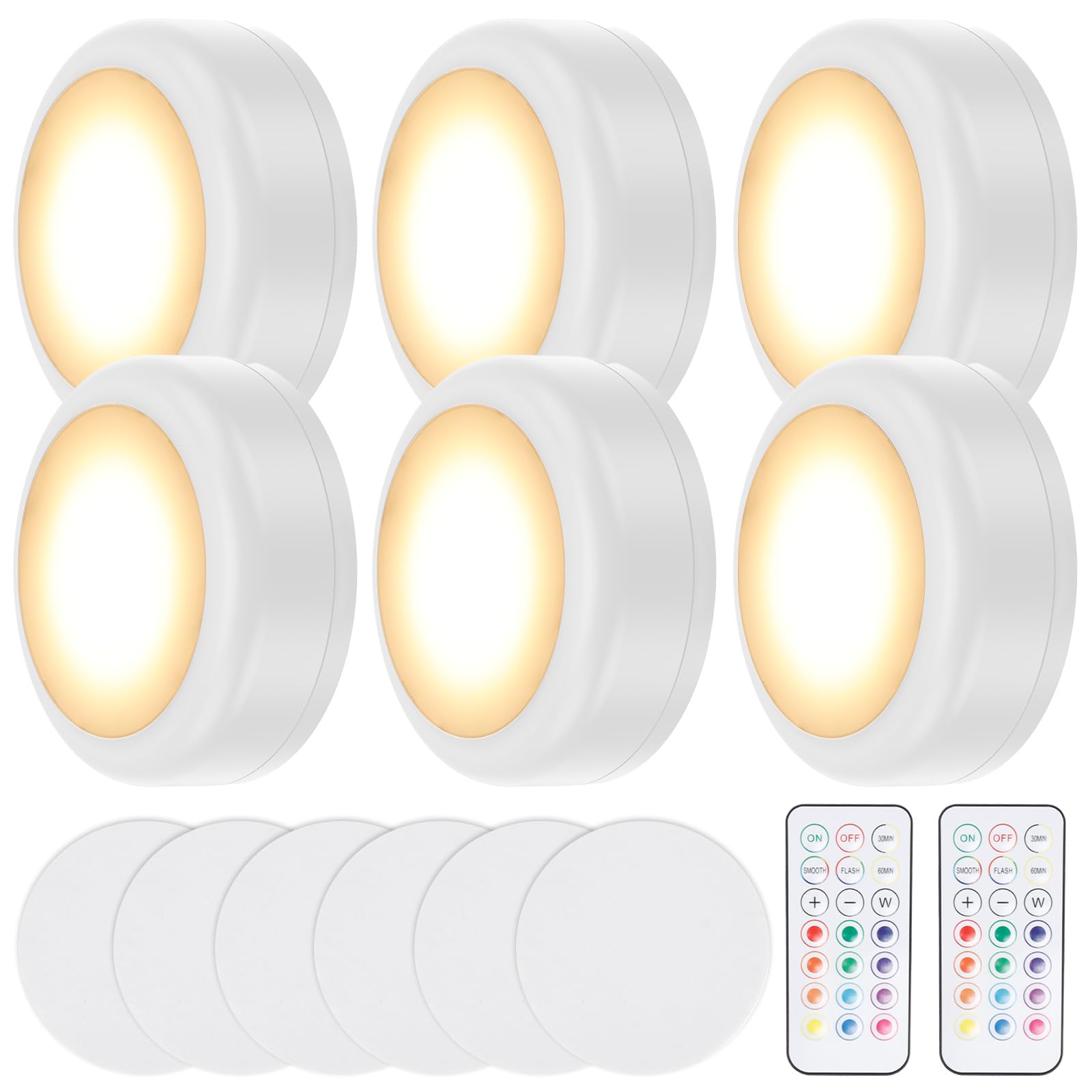 BUTORY 6 Pack Puck Lights with Remote Control 13 Lighting Color LED Stick Under Cabinet Kitchen Lights/On Lights Dimmable and Timing Function Push Light Ideal for Shelves Kitchen Closet Wall