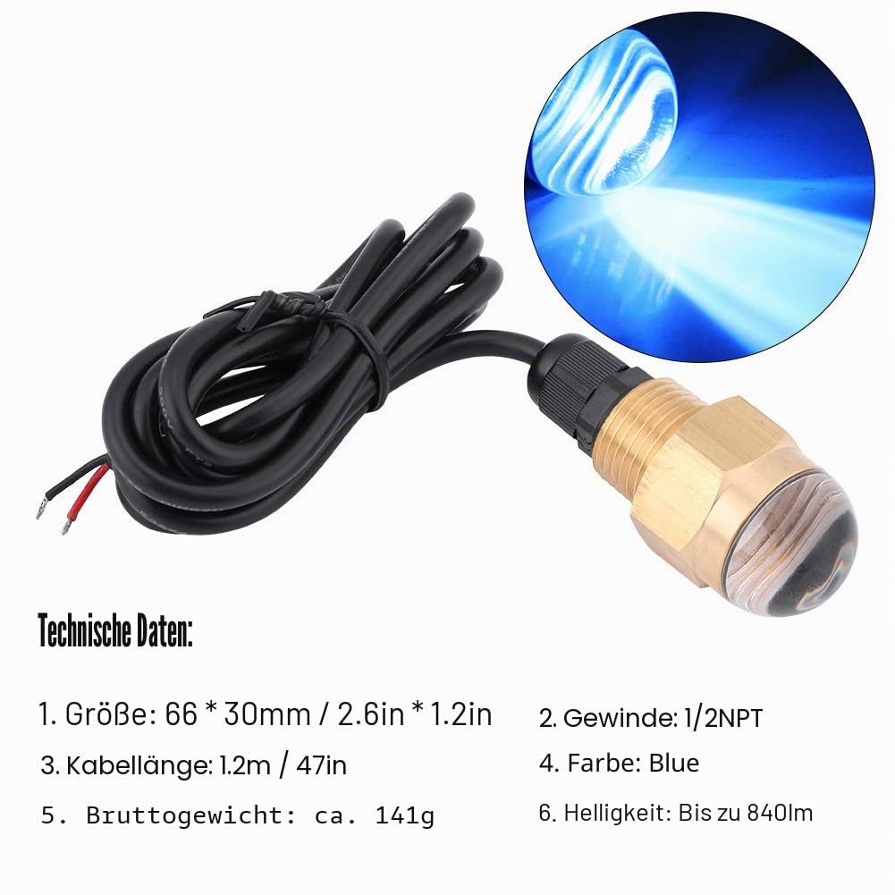 AYNEFY Unterwasserlicht, 12 V Blaue LED Ablassschraube Wasserdichte Unterwasserscheinwerfer U-Boot-Licht aus Messingglas für Marineboote Yachten U-Boote