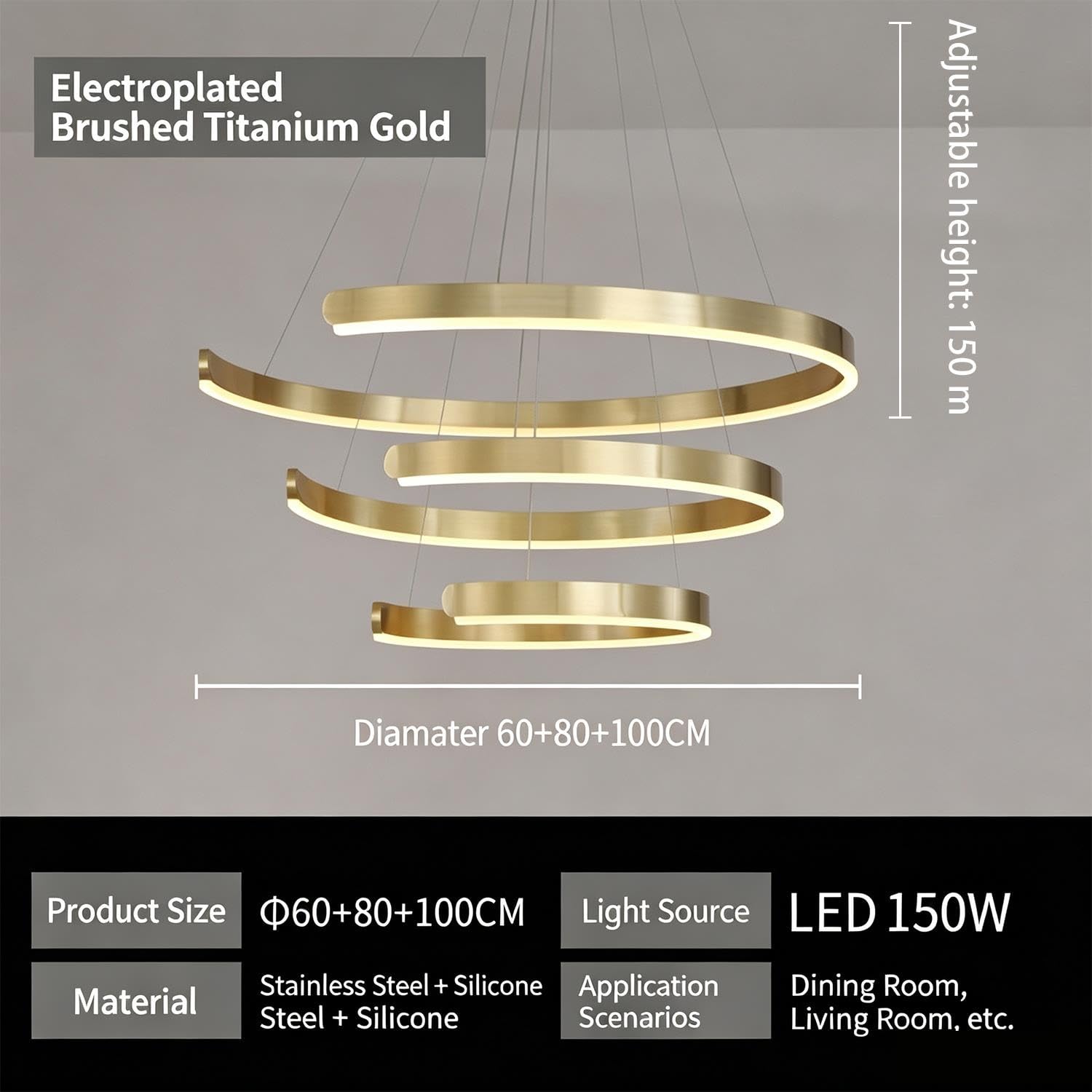 Nowoczesna Lampa Wisząca Ring LED Lampa Stół Jadalny Minimalistyczna Lampa Wisząca Do Salonu Lampa Aluminiowa Jadalnia Regulowana Wysokość Lampy Tytanowo-złoty(60+80+100cm)