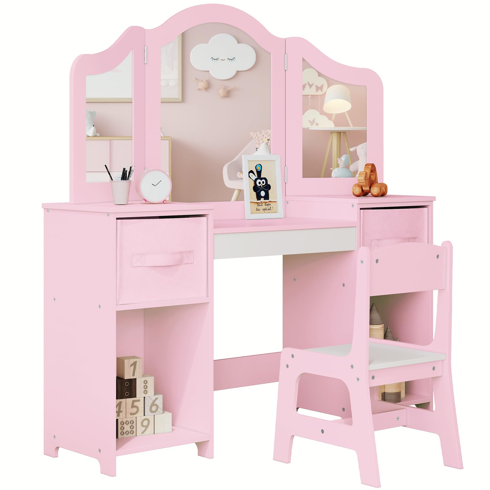 Clevich Toeletta per Bambini in Legno, Con Specchio Staccabile, Cassetti in Tessuto e Sedia, Scrivania per Bambini Robusta, Toeletta Trucco 2 in 1 per Bambina per 3 Anni, 108x30x114 cm (Rosa-Bianco)