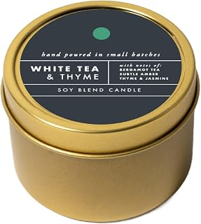 Tin Candle - 3 oz. Soy Wax Blend Candle Hand Poured in Small Batches, Up to 20-Hour Burn Time, Made in The USA, White Tea and Thyme