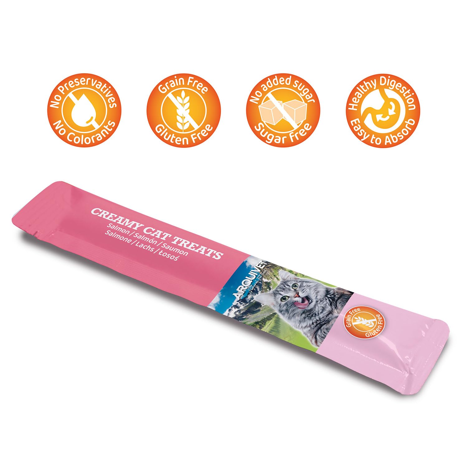 Arquivet - Creamy Cat Treats - Snack cremoso de Salmón (Expositor de 12 Bolsas con 5x14 g)