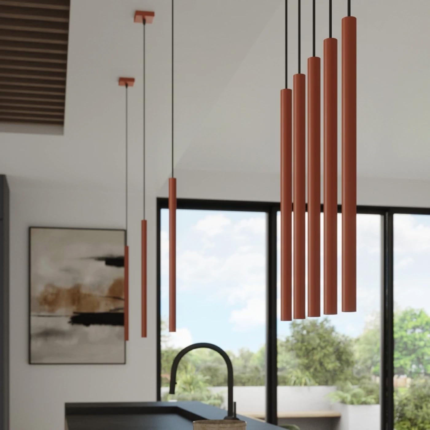 FOSKE Volio 3L | Lampada a Sospensione Lineare 3 Luci G9, Ocra rossa | Lampadario lineare a 3 luci G9, regolabile in altezza, per cucina, soggiorno, sala da pranzo e camera da letto