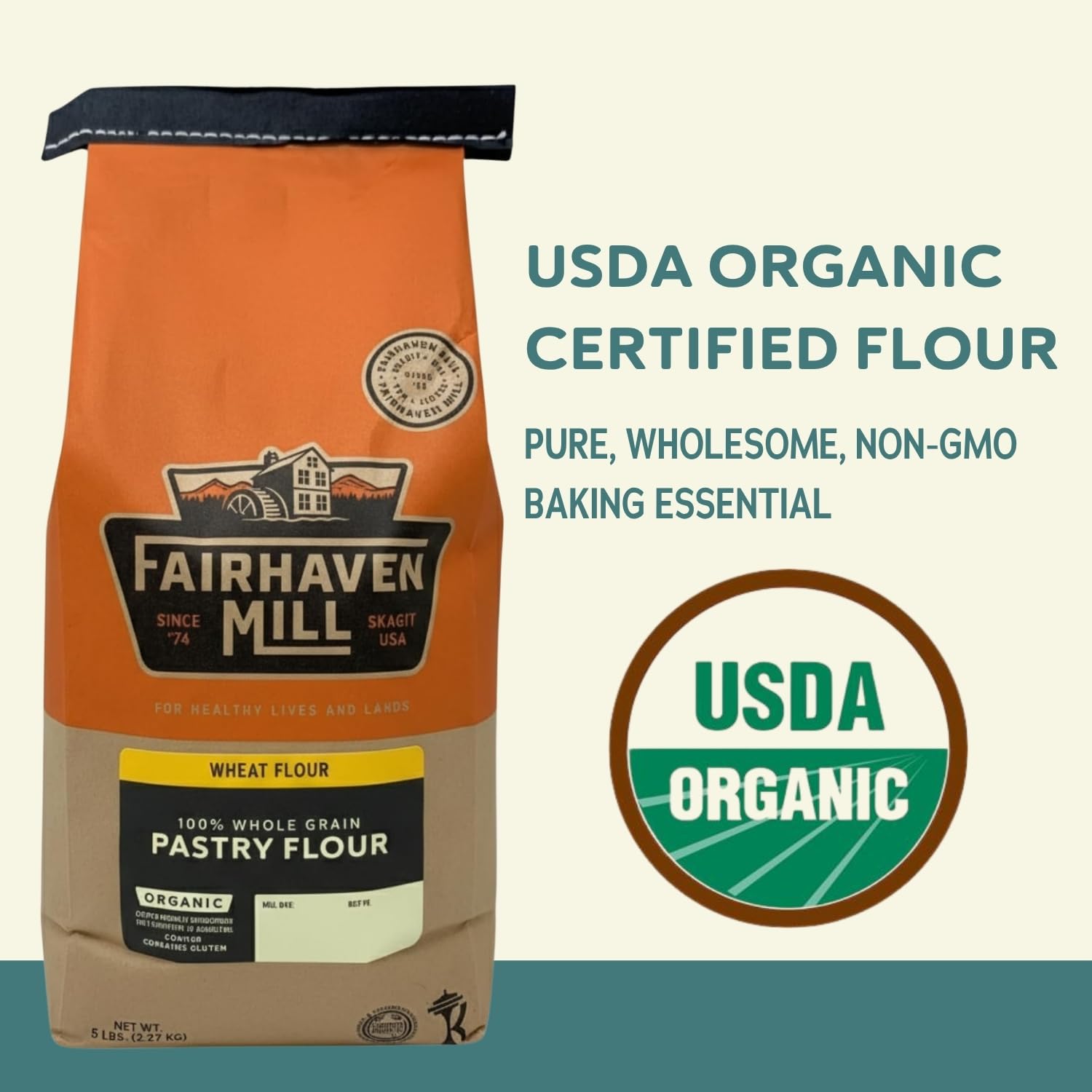 Fairhaven Mill Organic Grain Pastry Flour - USDA Certified Organic and Non-GMO - Low Protein for All Pastry Applications, Cookies, Muffins & Everyday Baking - USA Grown and Milled - 5 lbs Bag