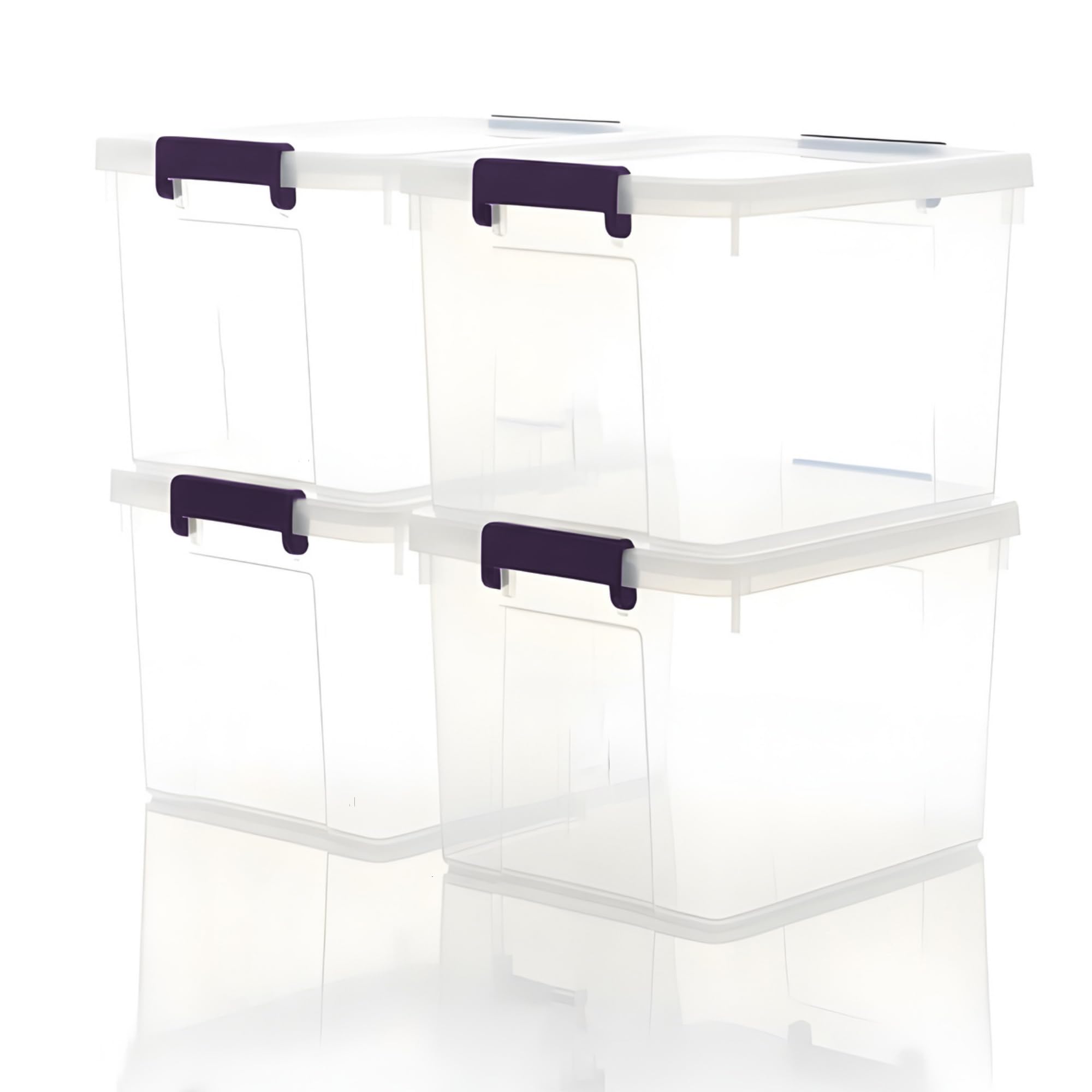 Homivo Clear / Transparent 4 X 50L Plastic Storage Boxes With Lids - Stackable Boxes With Secure Buckle Latches, Large Storage Containers For Home Organisation, Wardrobe, Toys, Clothes & Garage Storage Solutions
