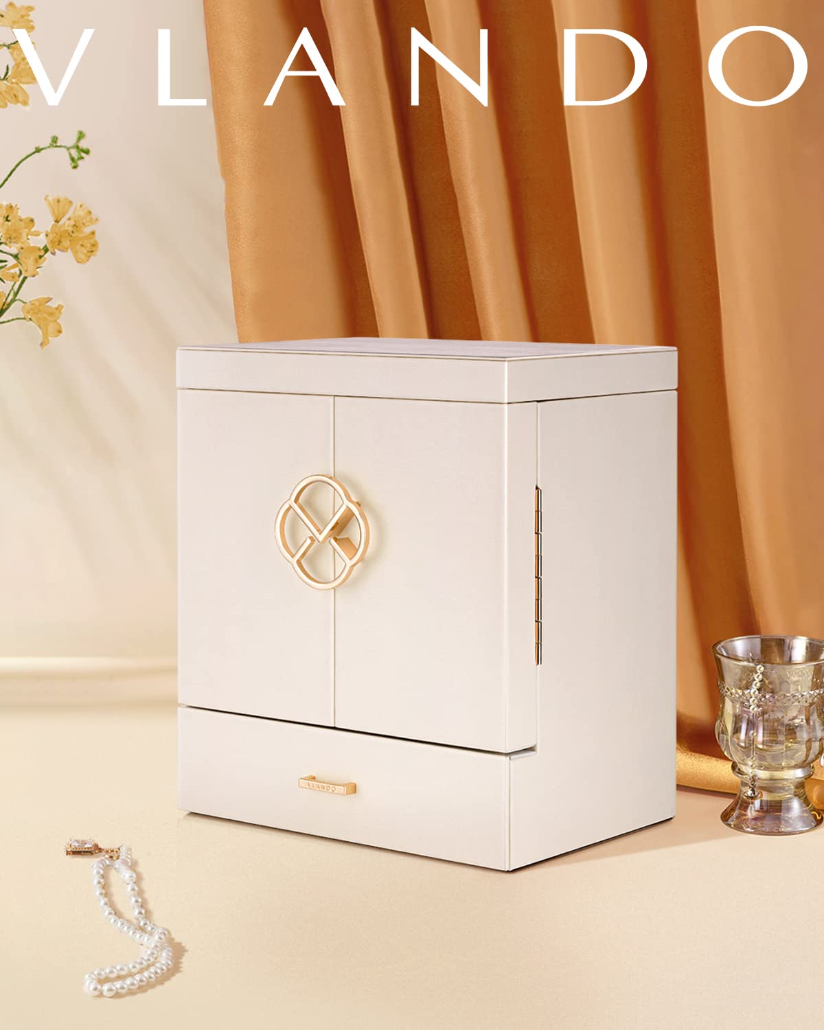 Vlando Joyero para mujer, organizador de joyas con 5 dibujos, cajas de joyería de piel sintética para mujeres y niñas, collar y anillos, caja de almacenamiento color blanco albaricoque