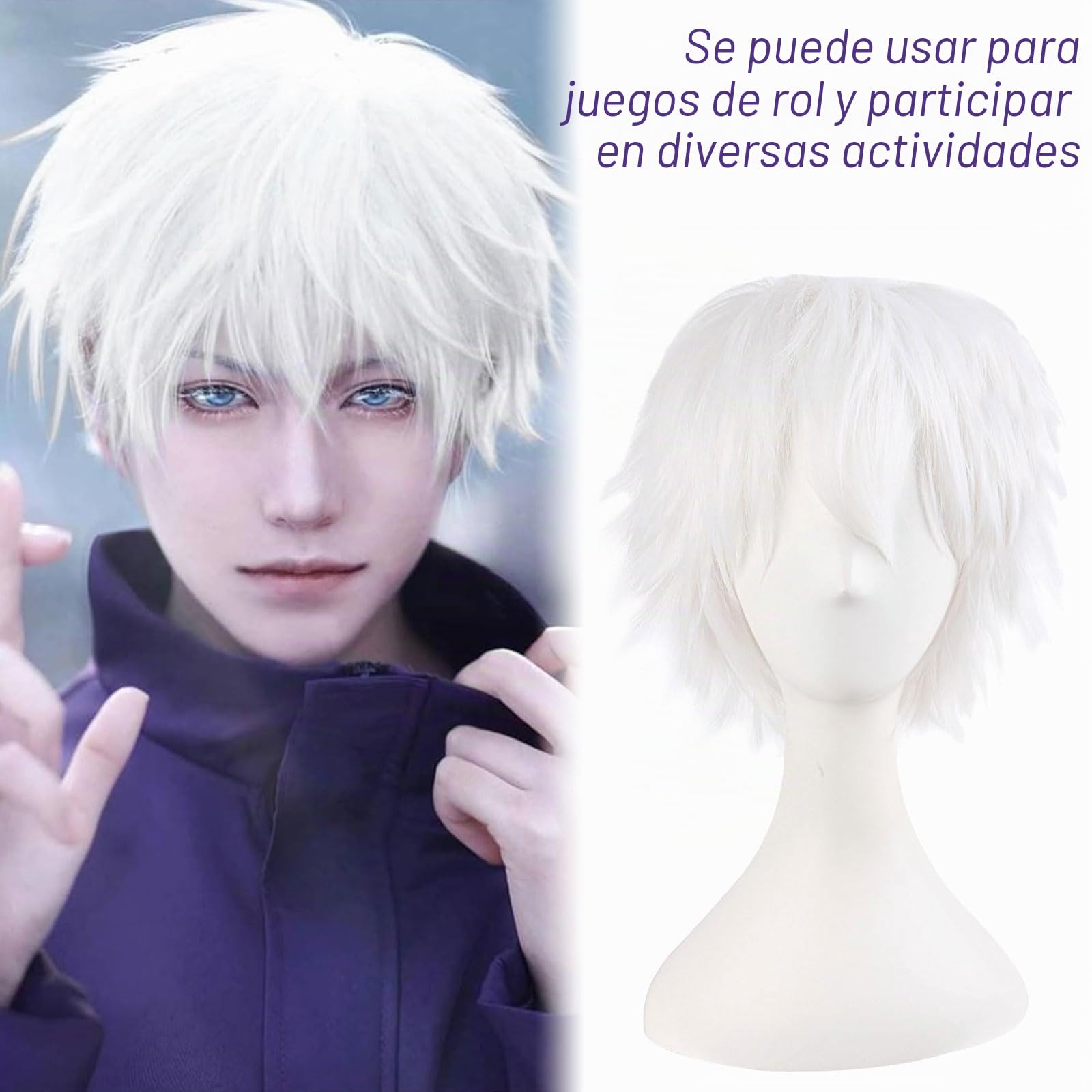 Gojo - Peluca hombre con peluca blanca, longitud aproximada de 30 cm, diseñada para los fans del cosplay