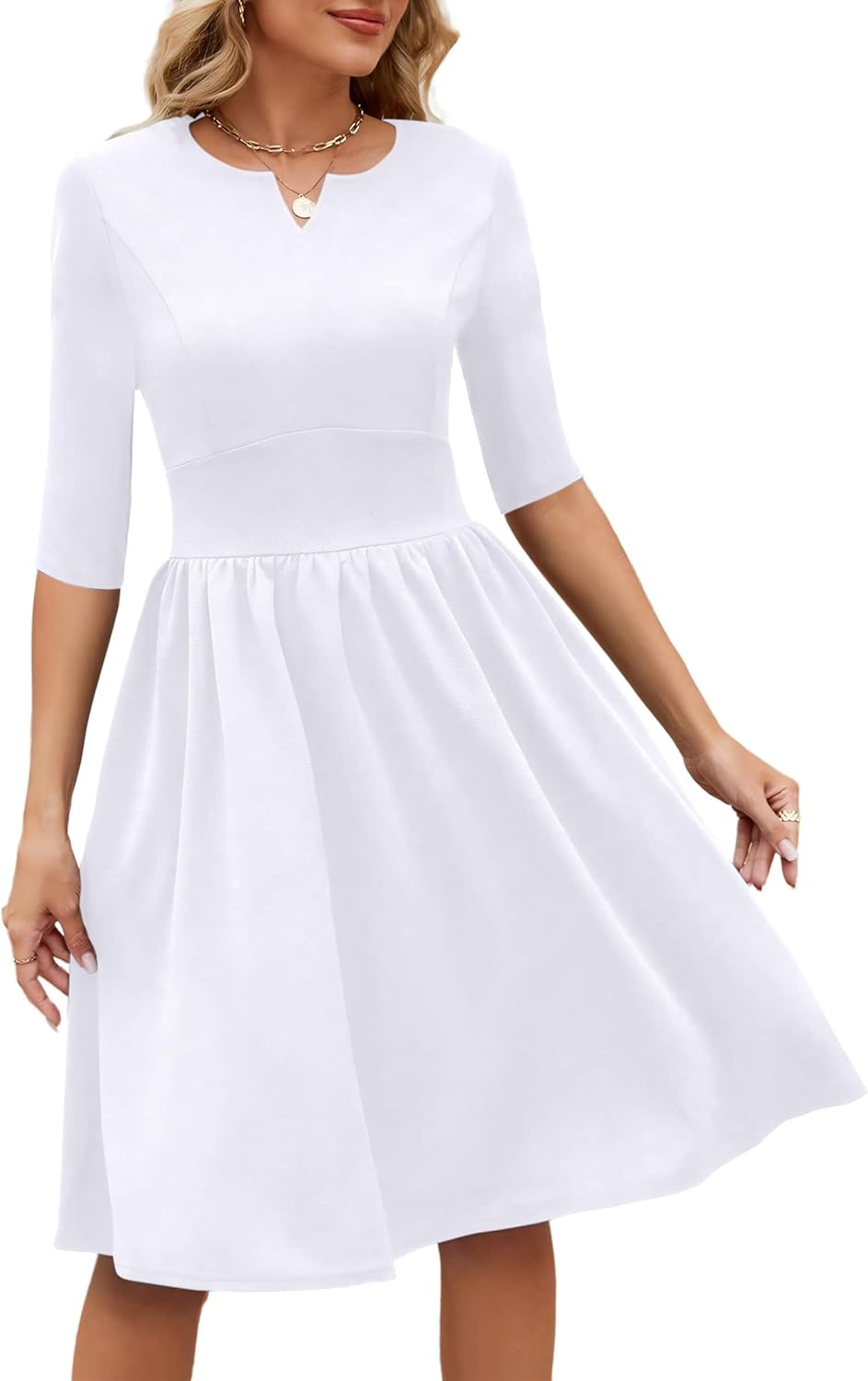 Nmoder Cocktail Dress 3/4 Sleeve Semi Formal Dresses Empire Waist A Line Church Dresses with Pockets White L - Image 2