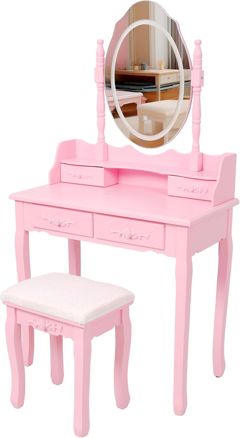 ZenithX Pink Princess Vanity Desk Set with Mirror & Cushioned Stool, Adjustable Light Modes, 4-Drawer Wooden Makeup Vanity Table with Large Storage for Girls’ Bedroom, Elegant Dressing Table