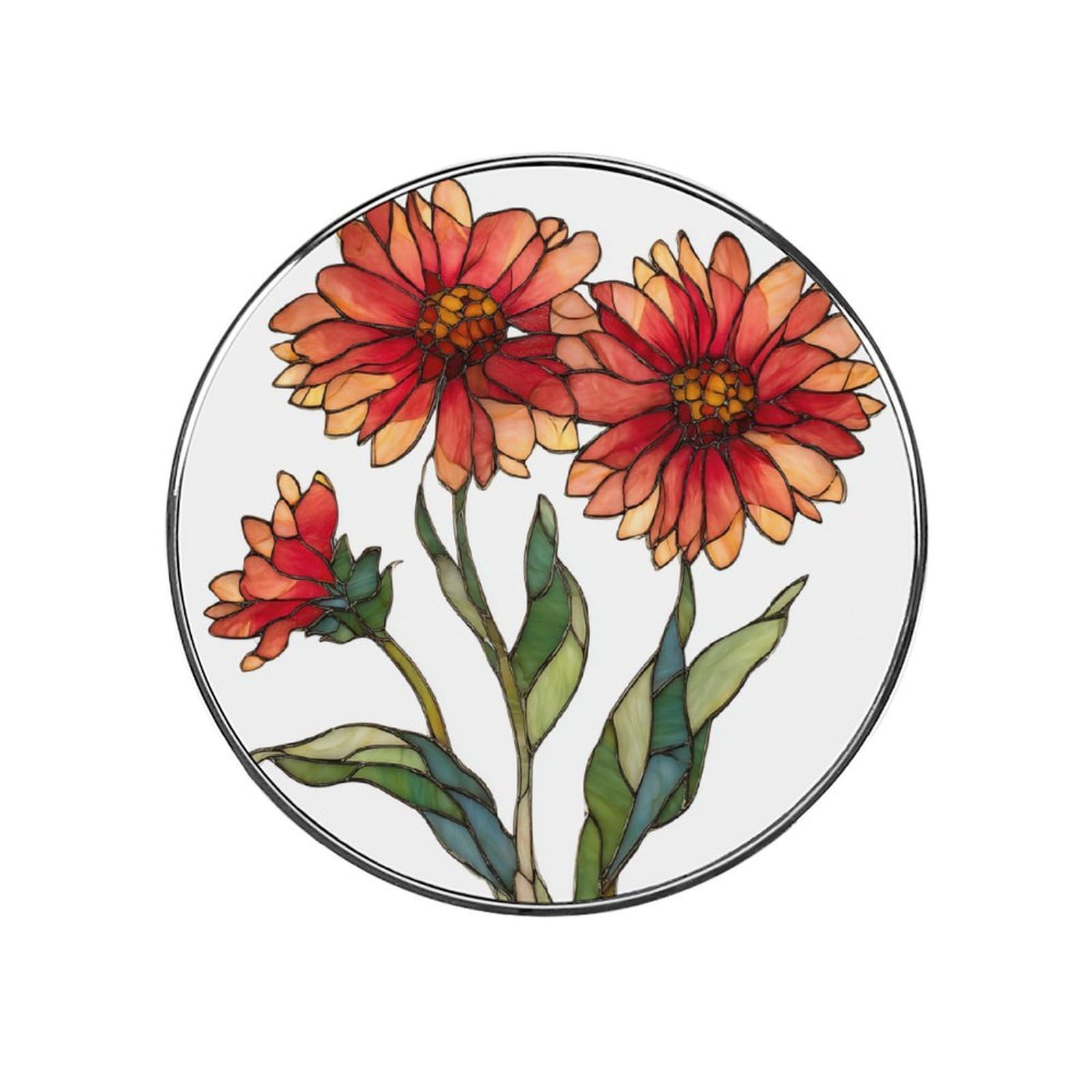 Stained Glass 3 Red Wildflower Fridge Magnets DIY Art Round Magnetic Refrigerator Sticker for Home Kitchen Car Garage Decor