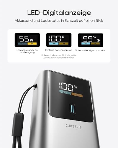 CUKTECH 10 Mini 45W Power Bank Fast Charging,10000mAh(2S1P) Portable Charger USB C In & Out,Small Battery Pack with LED Display Compatible with iPhone16 15 14 13 12 Pro Max Samsung S23, iPad and More - 4