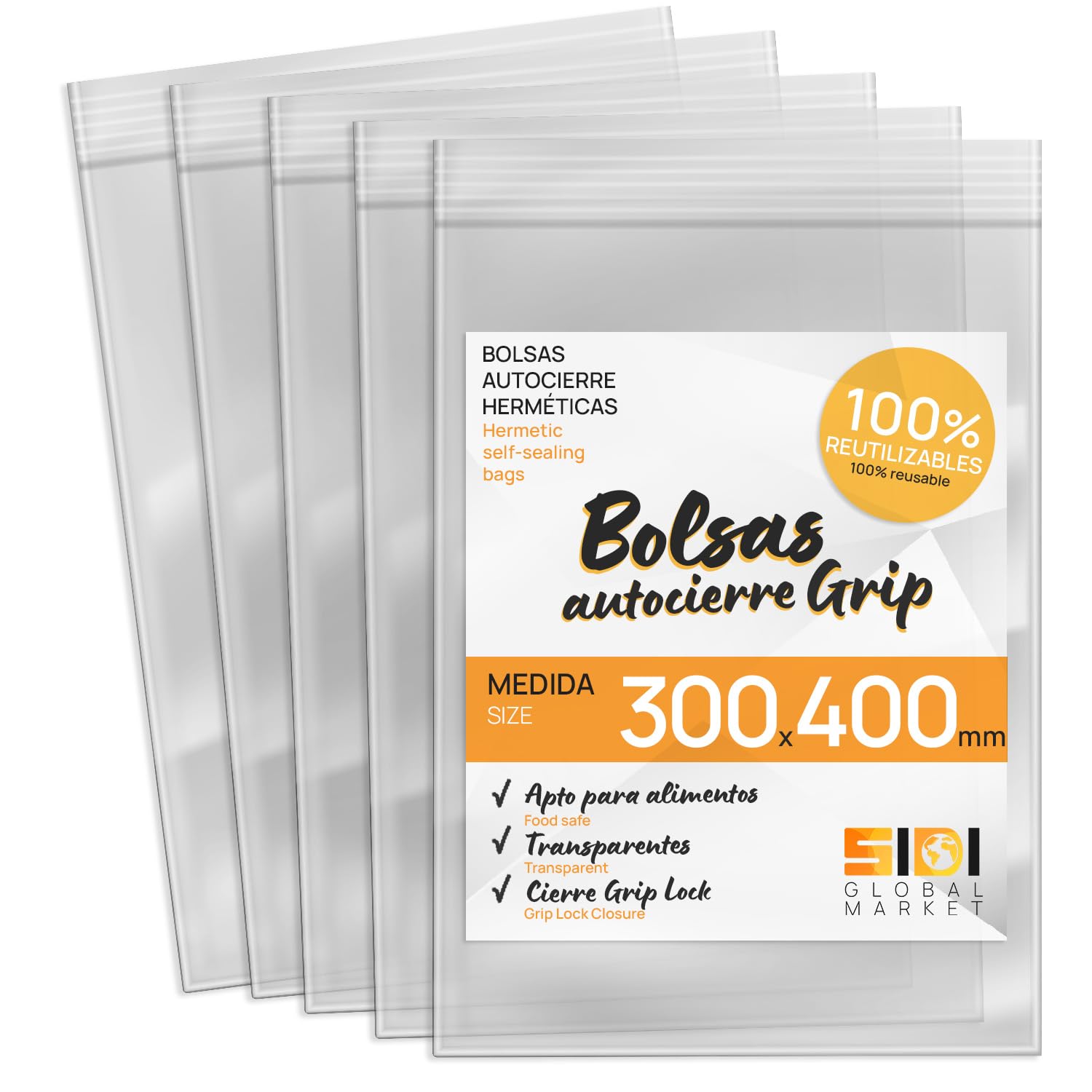 Bolsas de Plástico Transparente para Congelar Alimentos, Bolsitas con Autocierre para Cumpleaños, Regalo, Chuches, Viaje, Organizador, Envasar al Vacío, Porta Alimentos - SIDI (300x400mm, 500uds)
