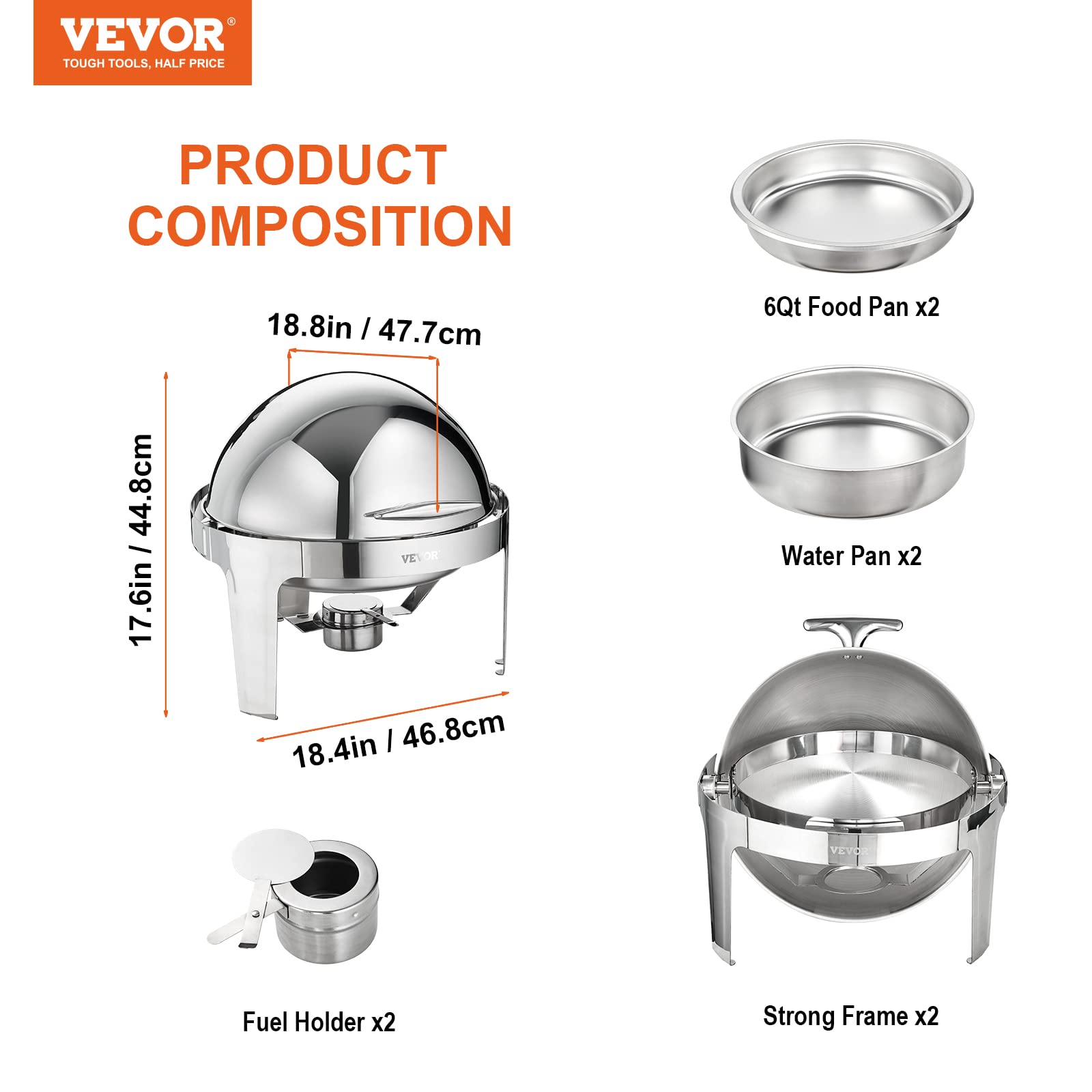 VEVOR Set di Scaldavivande 2 Pezzi in Acciaio Inox per Servizio Buffet Catering Ristorazione Coperchio Arrotolabile Capienza Max. 5,5L, Set di Vassoio di Riscaldamento Scaldavivande Rotonda per Buffet