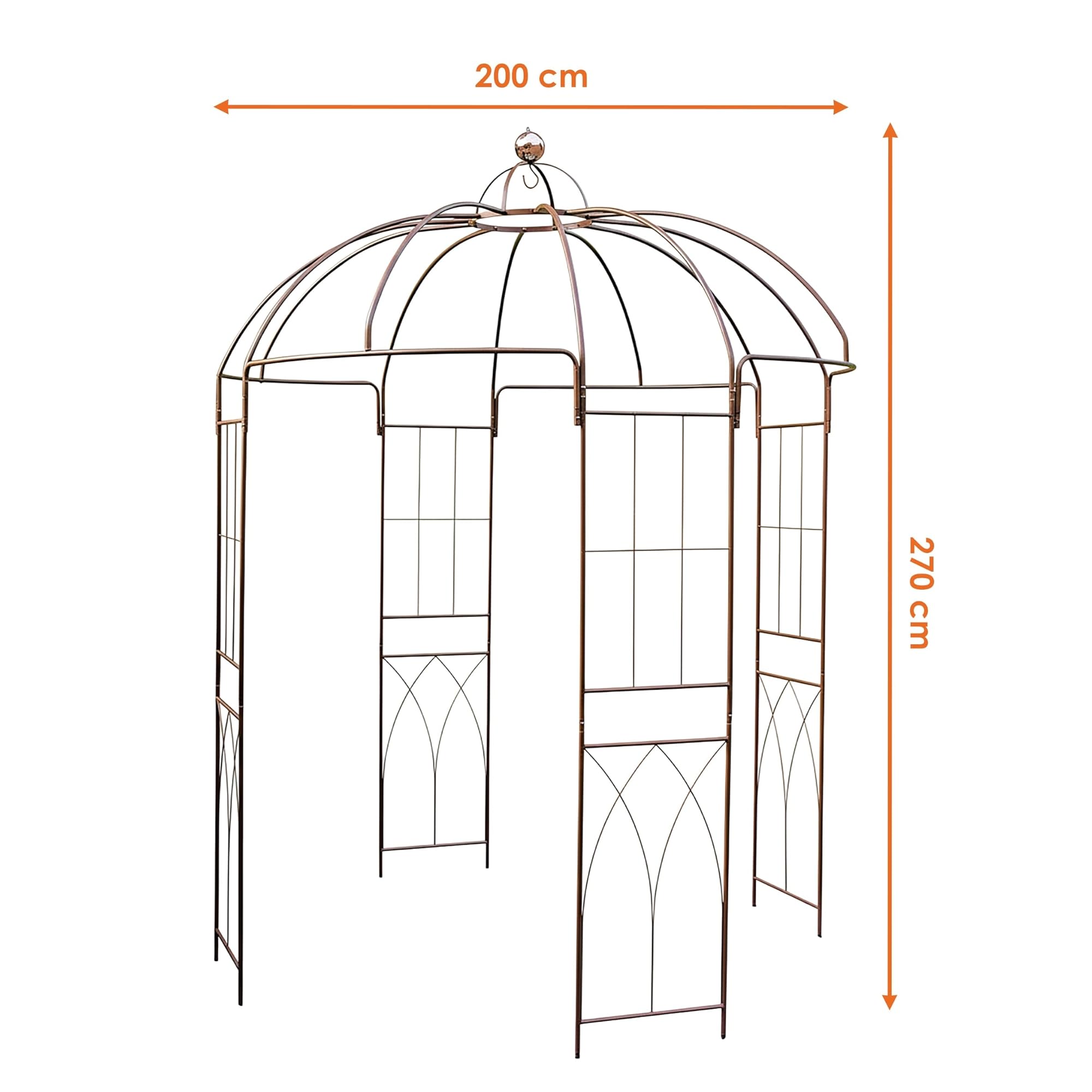 Tonnelle à roses en métal marron rouille - 270 x 200 cm - Treillis en acier revêtu par pulvérisation - Pavillon rond avec grand dôme - Arche à roses - Tuteur pour plantes grimpantes