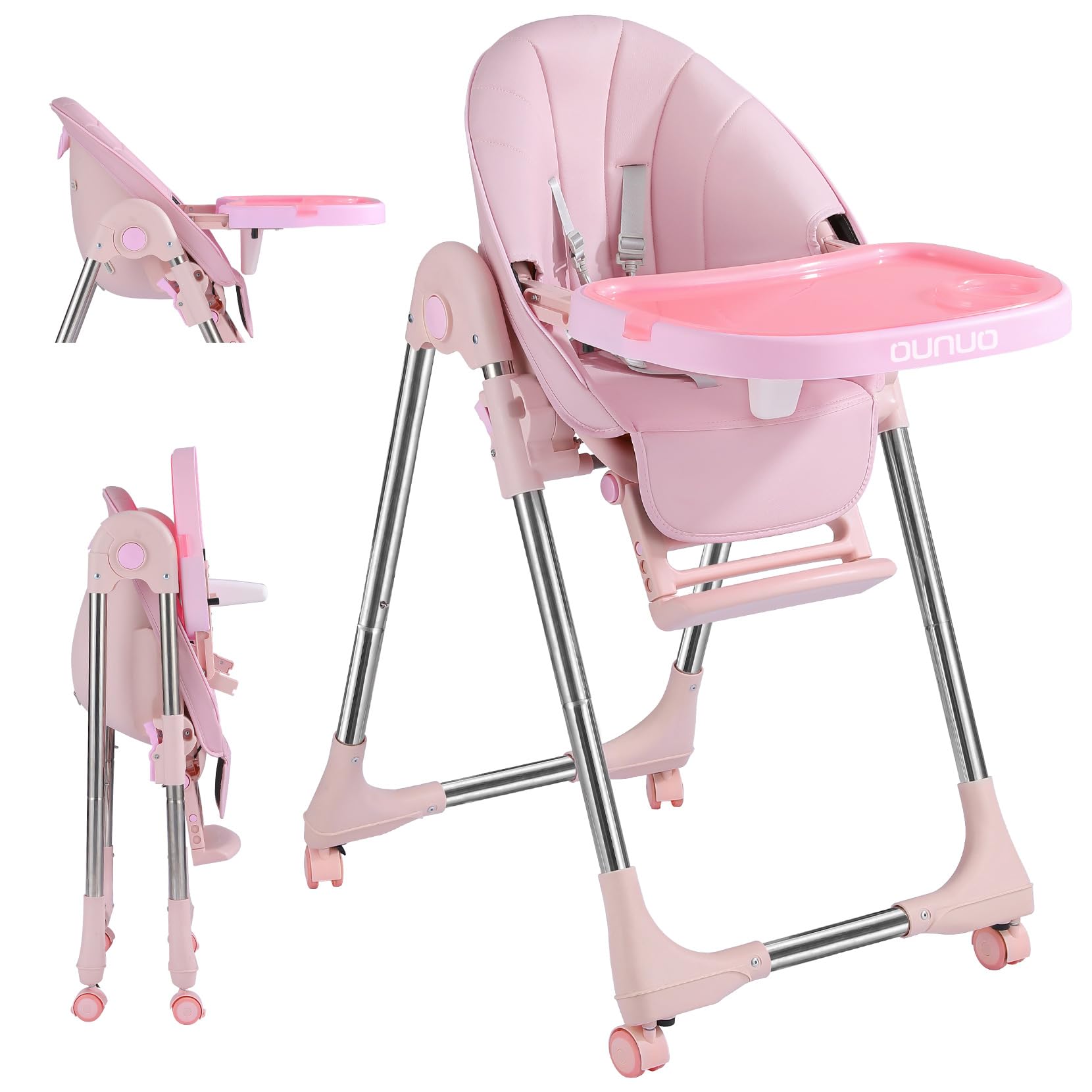 OUNUO Seggiolone Pappa, Seggiolino da Tavolo Pieghevole, Seggioline per bambini da 6 Mesi fino a 6 anni, Piatto da Cena Smontabile, Pedale e Schienale Regolabili in Altezza (Rosa)