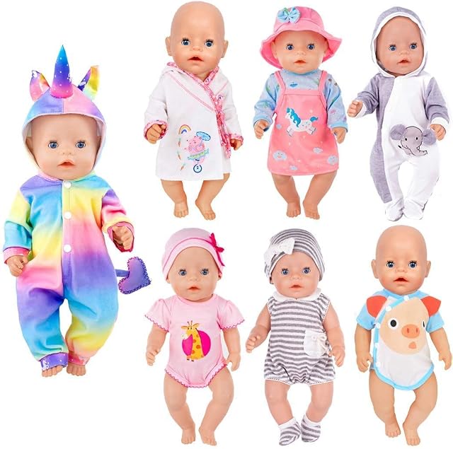 ebuddy 7 Sets Doll Clothes Accessories for 43cm New Born Baby Dolls Include Cartoon Style Rompers, Dress, Night-gown and Hat (No Doll)