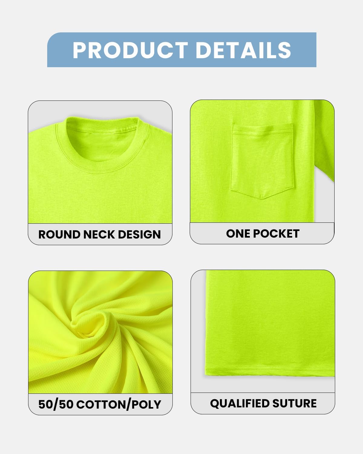 JustBlanks 5 Pack High Visibility Safety T Shirts – Hi Vis Construction T-Shirt for Men, Short Sleeve Pocket Workwear Shirt - Image 3