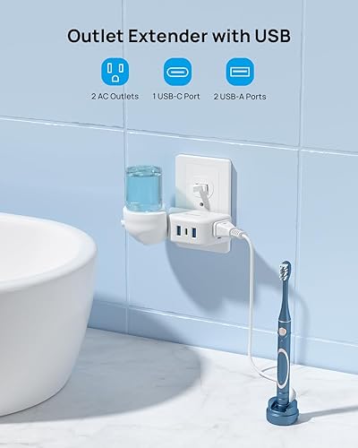 Miniatura 2 de TROND Extensor de salida con USB, divisor de pared con 2 enchufes de CA, 3 puertos USB, adaptador de enchufe de pared de diseño de 3 lados, Cruise