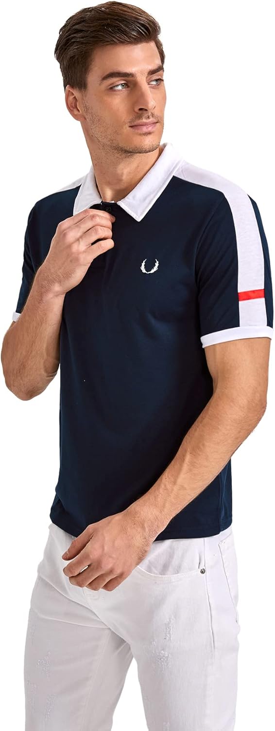 WDIRARA Mens Polo Shirts Short Sleeve Color Block Antler Embroidery Work Polo Shirts for Men Multicolor Blue : Clothing, Shoes & Jewelry