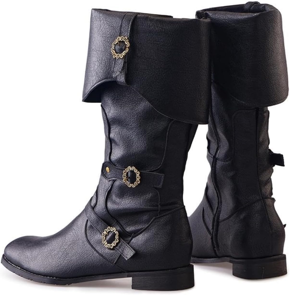 Pirate Boots Men Women Medieval Renaissance Steampunk Cosplay Boots Gothic Leather Shoes Pointed Toe Mid Calf Boot Adventure Footwear Halloween Costume