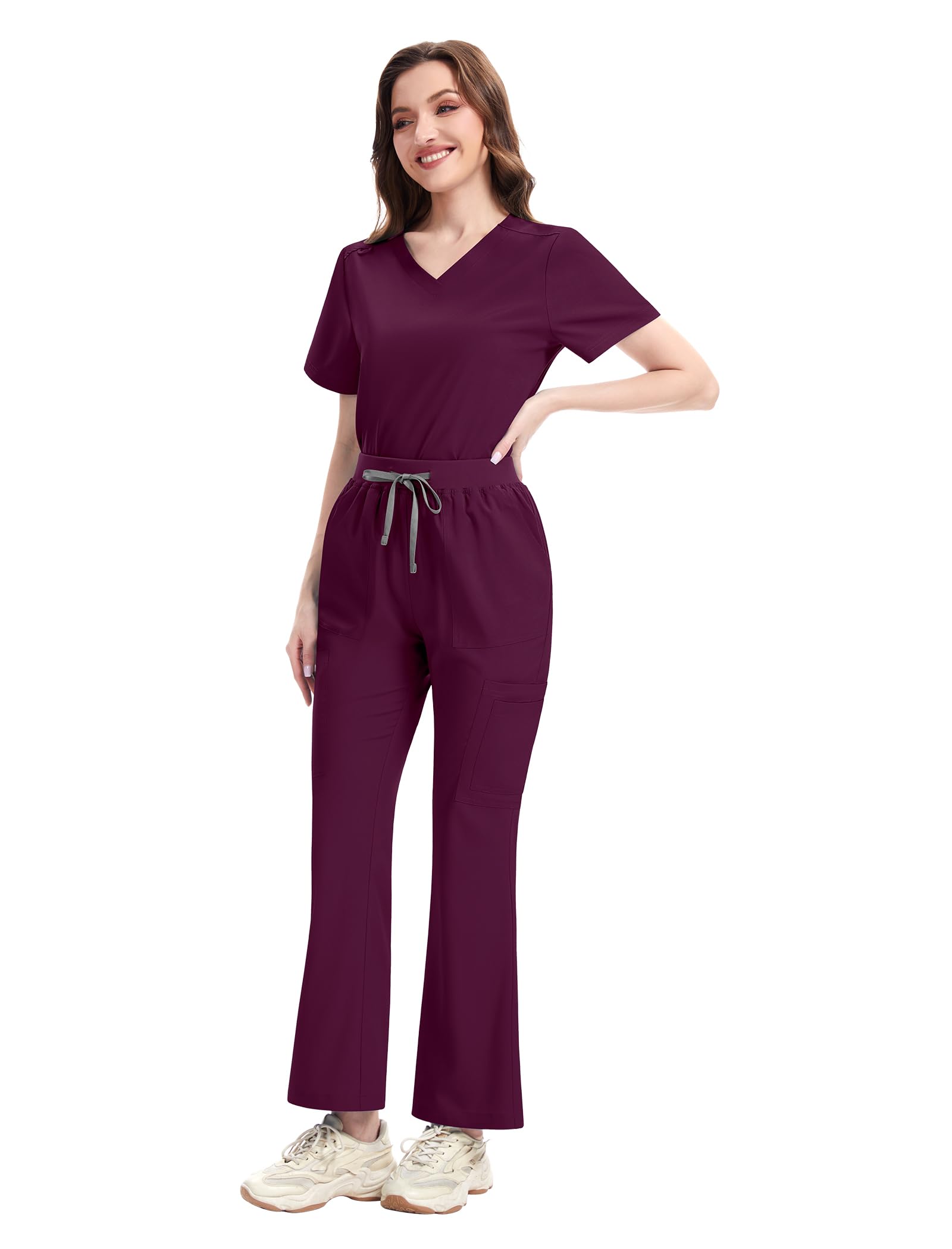 niaahinn Women Scrub Set - V Neck Top High Waisted Flare Leg Pants Soft Stretch Medical Uniforms for