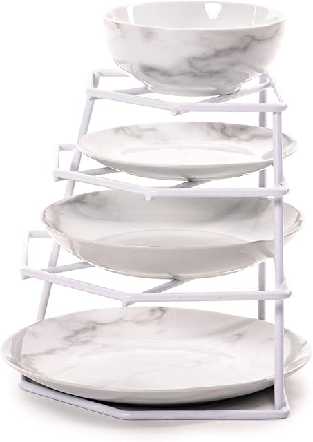 Home Treats Corner Plate Rack for Kitchen Cupboards | White Plate Stacker Organiser | Plate Stand 4 Tier Extra Strong