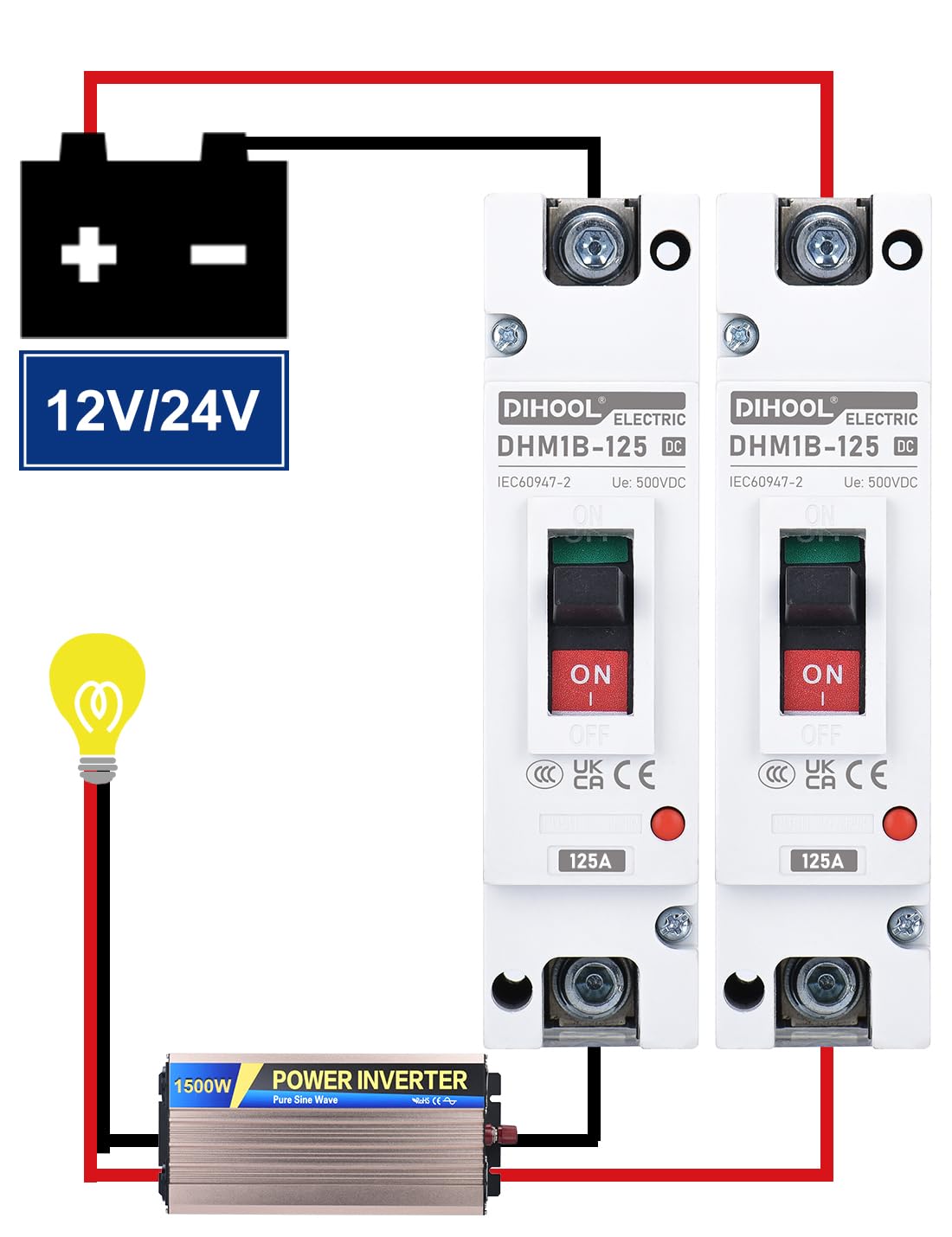 DIHOOL 125 Amp DC Breaker, Battery Disconnect Switch 500V, Thermal Magnetic Trip for Solar, Main Power, UPS