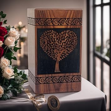 Wooden Urns for Human Ashes Tree of Life Urns Cremation Urns for Adult Ashes Funeral Urns Wooden Pet Urn Wooden Urn Box (Heart Tree Black, (Large - 11.25 Hx6.25 W (250 Cu/in))