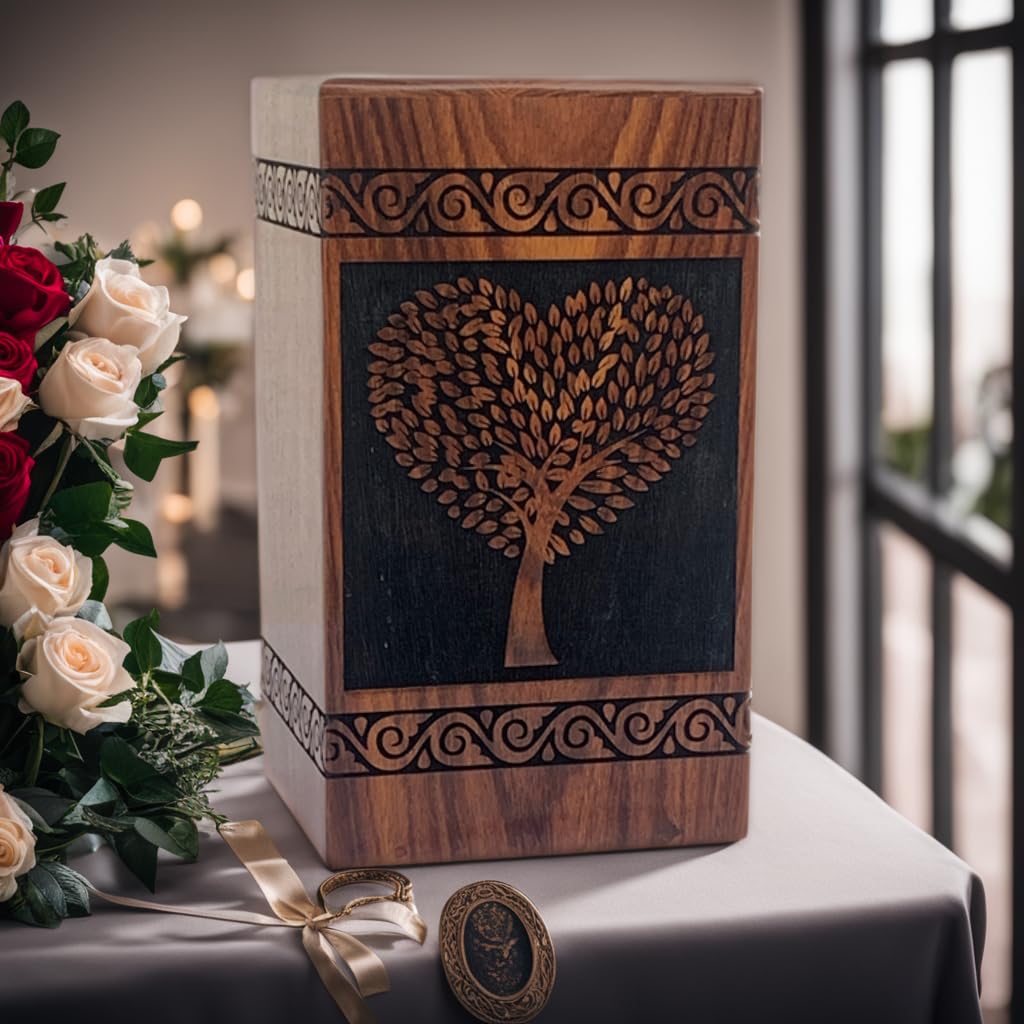 Prime Art Wooden Urns for Human Ashes Tree of Life Urns Cremation Urns for Adult Ashes Funeral Urns Wooden Pet Urn Wooden Urn Box (Heart Tree Black, (Medium - 9.5