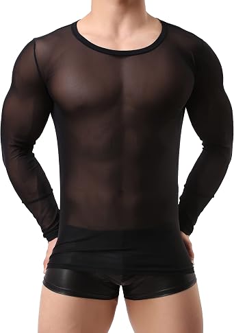 Mens Sexy Mesh Transparent T-Shirt Long Sleeve Round Neck Undershirt