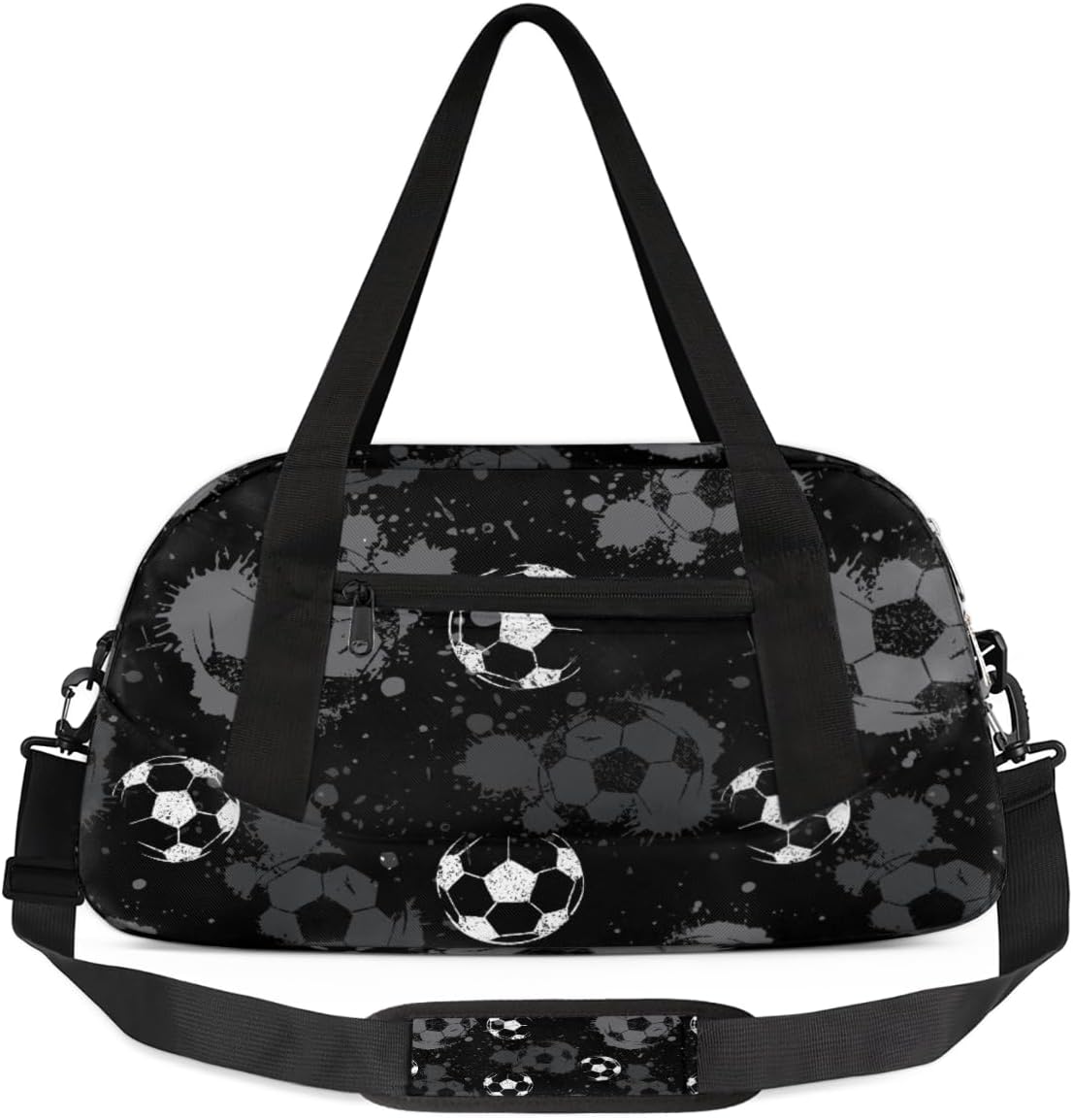 Gym Travel Duffle Bag for Boys - Black White Soccer Ball Kids Overnighter Weekend Bag with Front Zipper Pocket for School Practice, Teens Carry-On Size Sleepover Bags