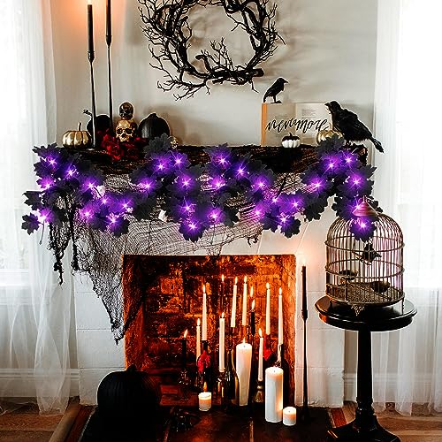 Image of Black Leaf Garland with Purple Lights, 2 Pack Halloween Artificial Hanging Fall Leave Vines with 20 LED, Fall Floral Garlands Thanksgiving Decor for Home Wedding Party (11.8FT)