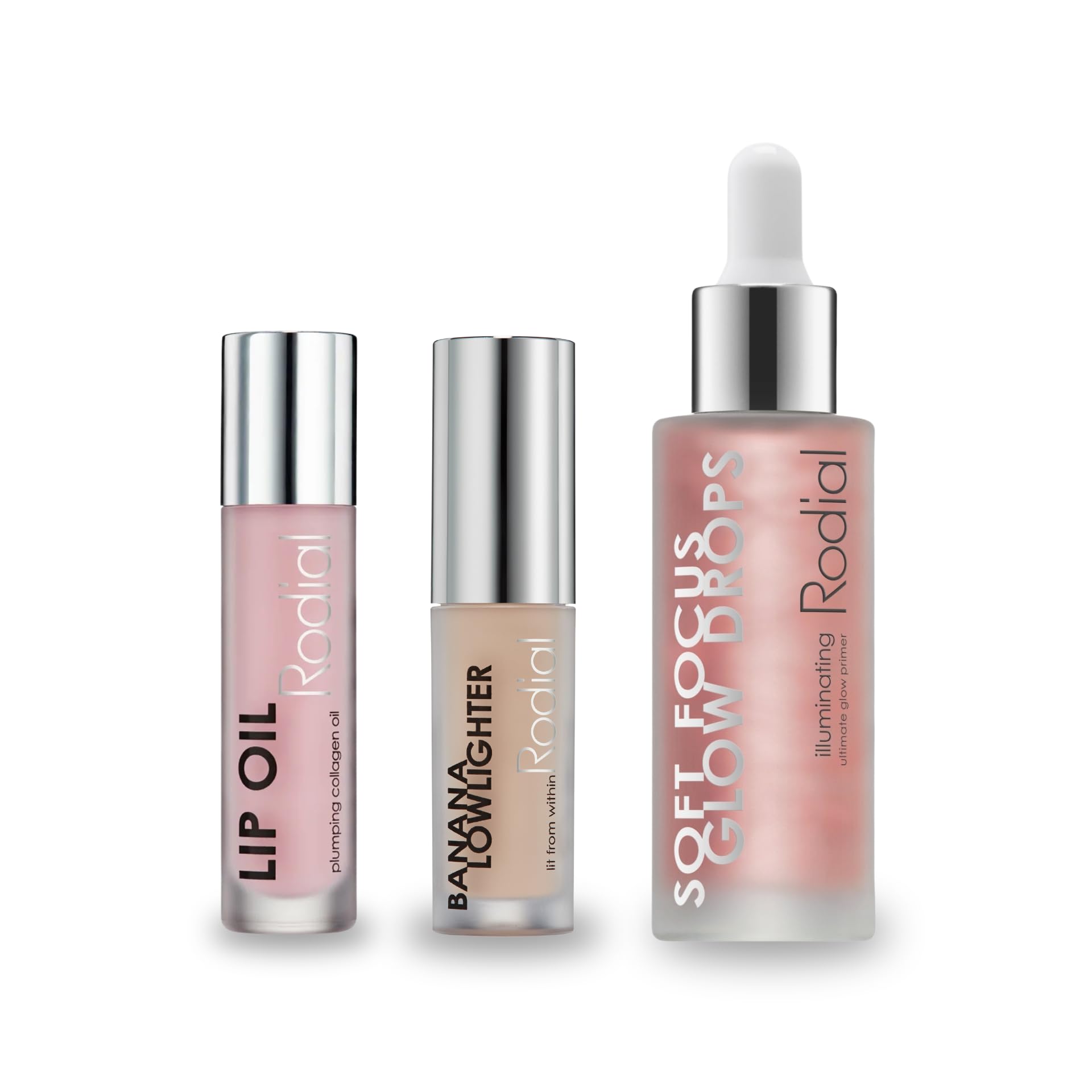 Rodial Glow Essentials Set, Soft Focus Glow Drops 31ml, Banana Lowlighter 1.6ml & Lip Oil 4ml