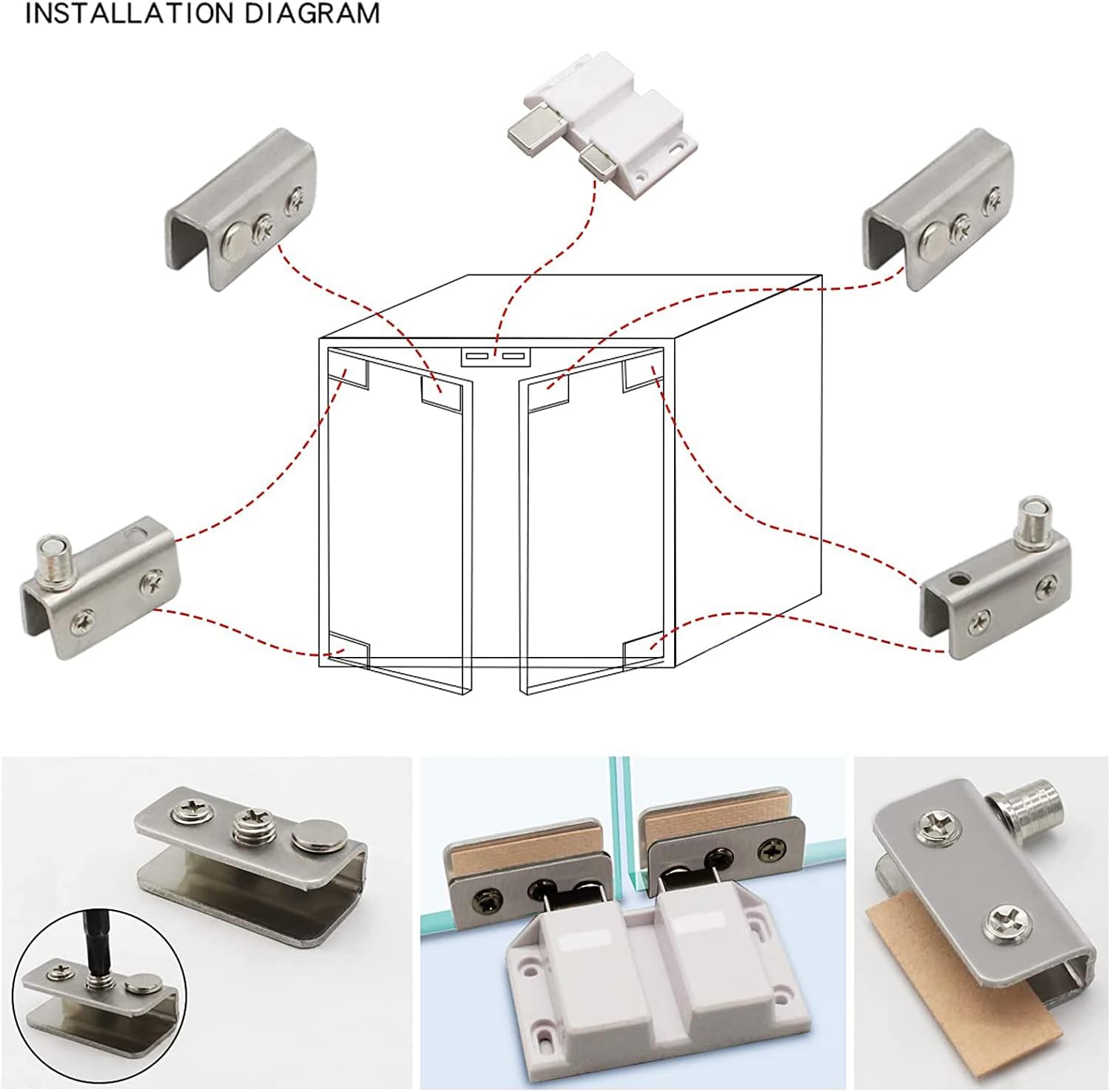 Black Double Door Glass Pivot Hinges with Magnetic Catch Latches and Clamps for Free Swinging Glass Doors (0.2'-0.3')