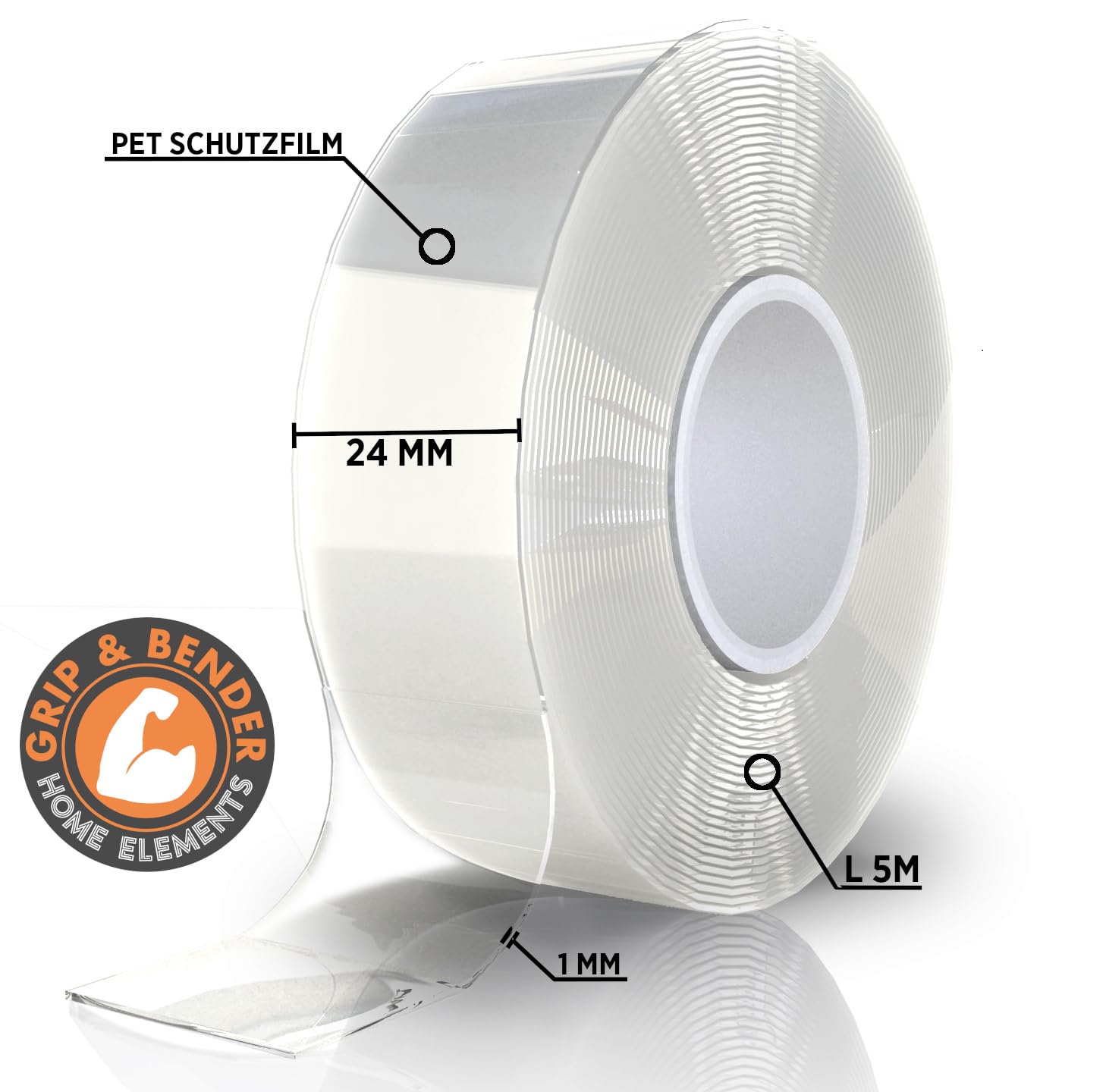 GRIP&BENDER Doppelseitiges Klebeband - 5 Meter x 24MM Nano Tape Doppelseitig Transparent – Spurloses Nano Klebeband – Multifunktionales Rutschfestes Nanotape extra dünn (1mm) Ultra Stark