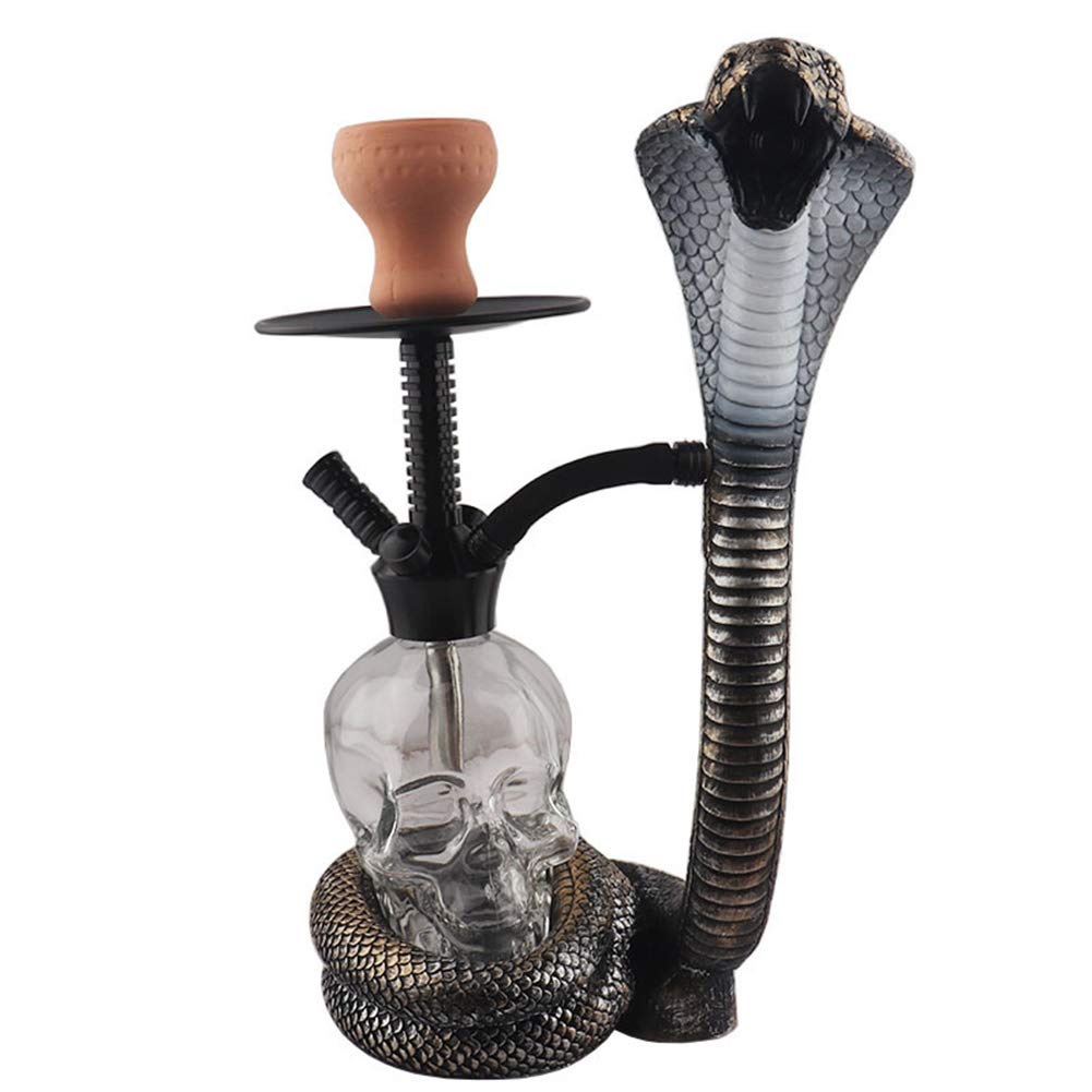 Juego completo de cachimba LED Shisha Kit completo de cuenco de arcilla de un solo tubo Kit en forma de cobra Gran humo Vidrio en forma de calavera con cuenco y tarro de silicona para narguile