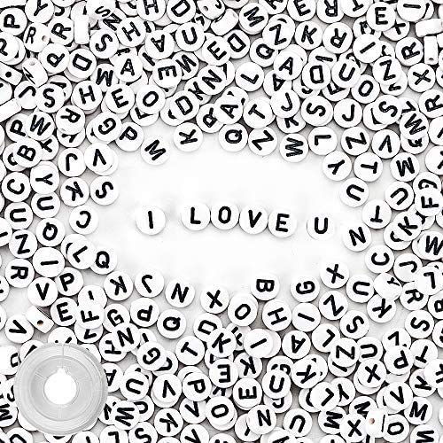1000pcs Letter Beads White Round Alphabet Beads with Crystal String Elastic Cord for Jewelry Making Necklace Bracelet