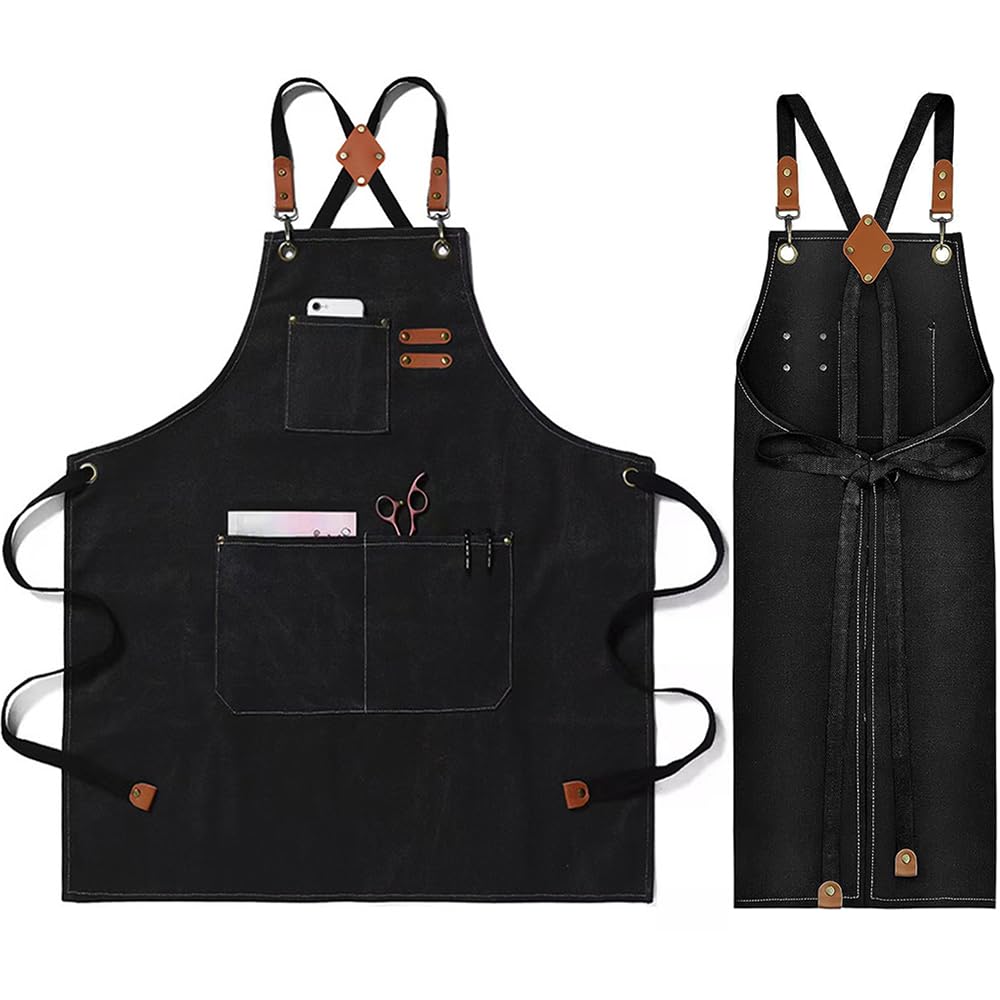 Delantal Denim, Delantal Antimanchas, Delantal Negro Vaquero, Delantal Cocina Cruzado Ajustable, Delantal Camarero Profesional, con Múltiples Bolsillos, para Barbacoa, Cocinar, Hornear, Negro, 400g