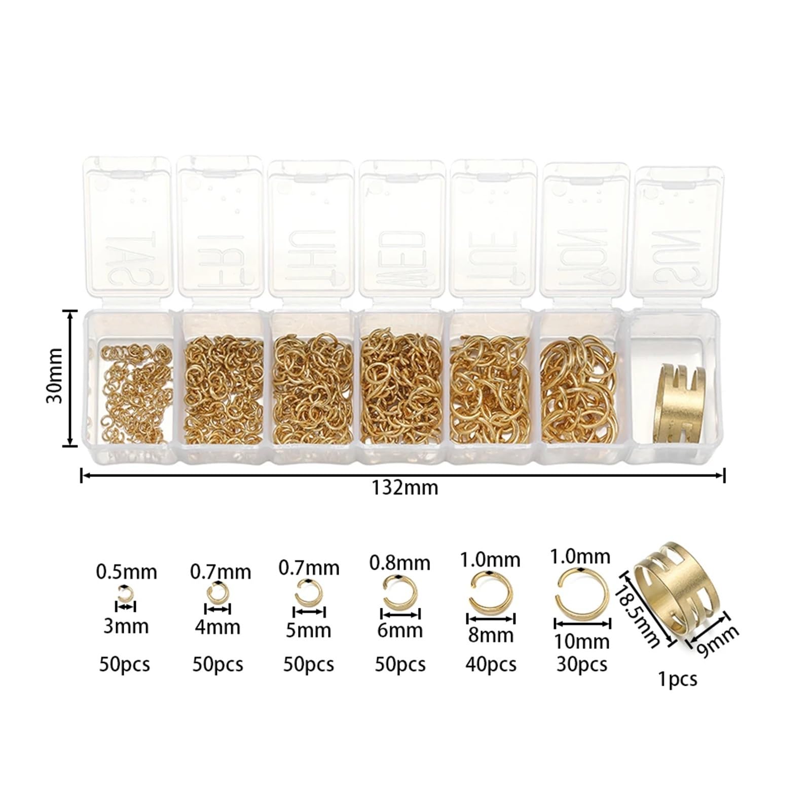 Edelstahl-Binderinge, 8 Boxen, Edelstahl, 7 Größen, goldfarben, Stahlfarbe, offene Binderinge-Sets für DIY-Armbänder, Halsketten, Schmuckherstellung, Zubehör (Gold)