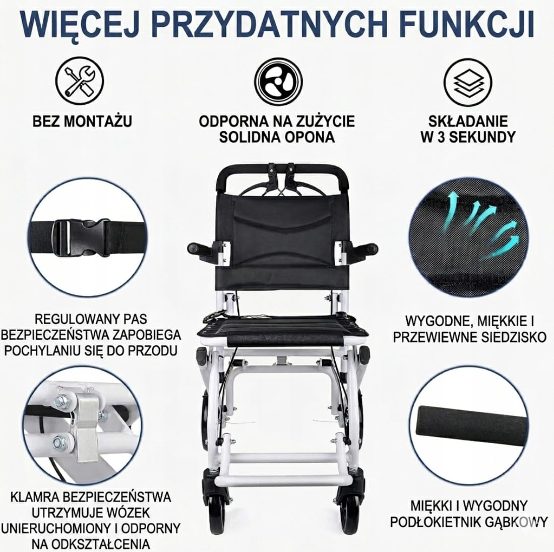 Ultralekki Wózek Inwalidzki Transportowy 6,2 kg Składany Aluminiowy, Wózek dla Seniora i Osób Niepełnosprawnych, Hamulce Opiekuna, Pas Bezpieczeństwa, Do Podróży i Codziennego Użytku