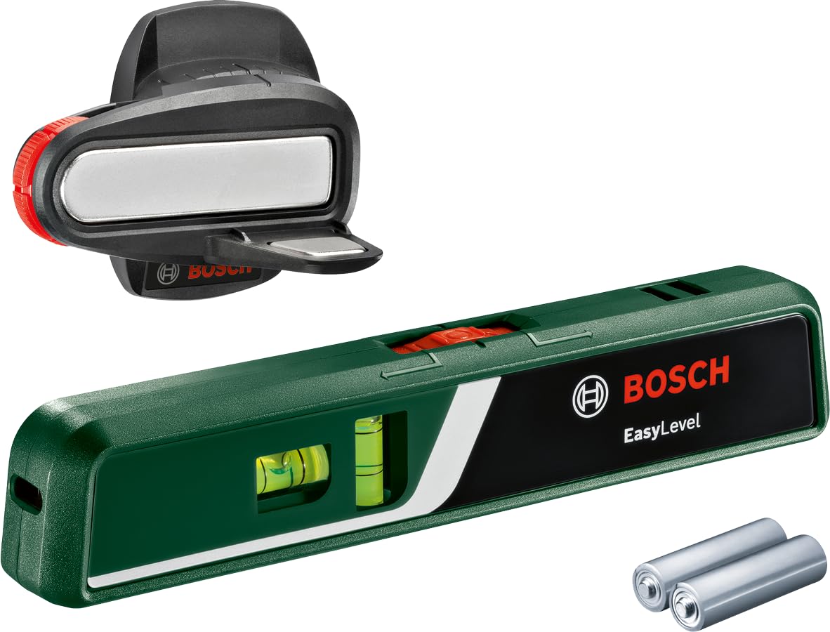 Bosch nivel de burbuja láser EasyLevel con soporte mural (nivel láser para la alineación flexible en paredes y punto láser para la transferencia sencilla de alturas, en caja para e-commerce)