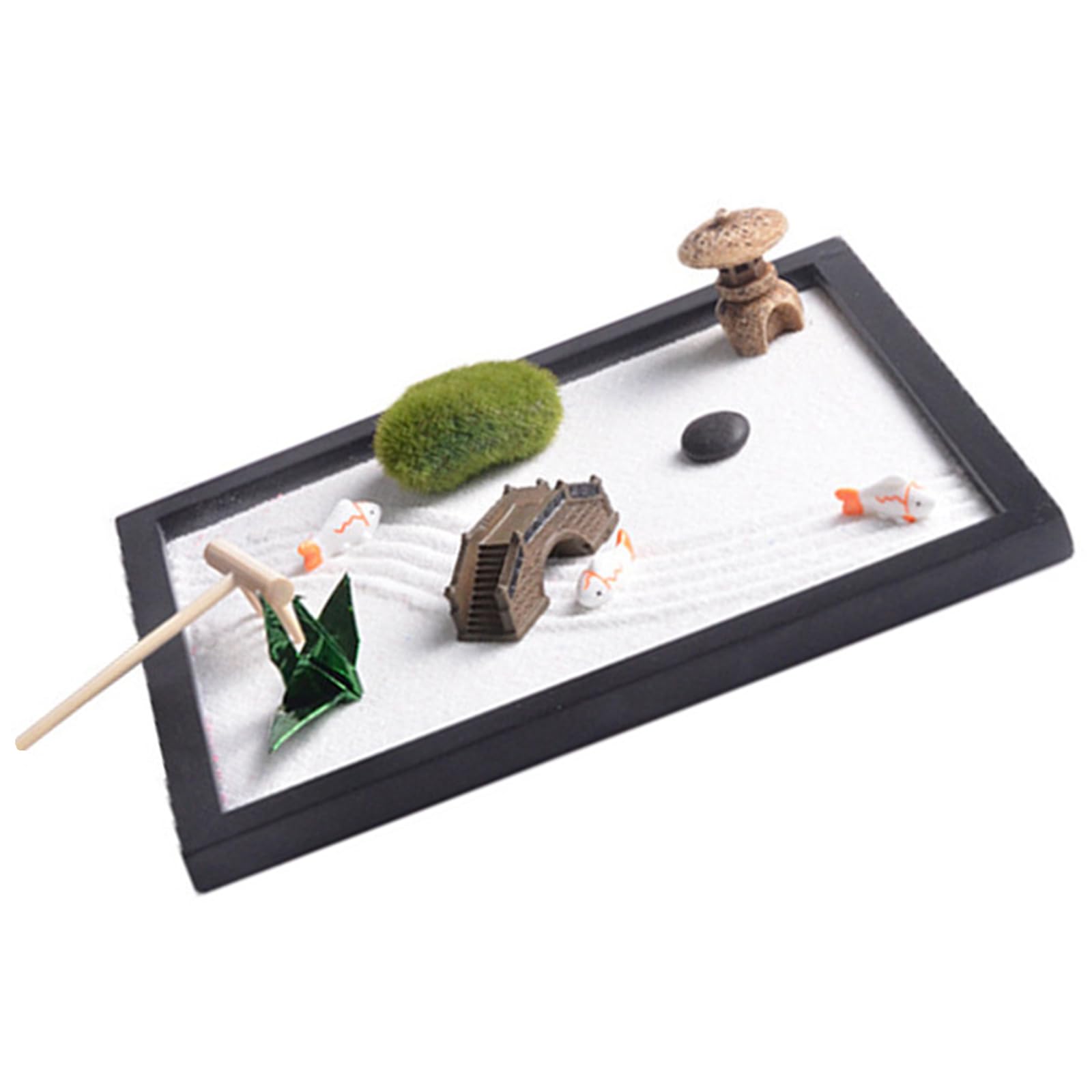 Minis Zenes Garden Set for Desk with Rakes, Sand, Round Base, Miniature Pagoda Figure, Small Bridge Japanese for Desk
