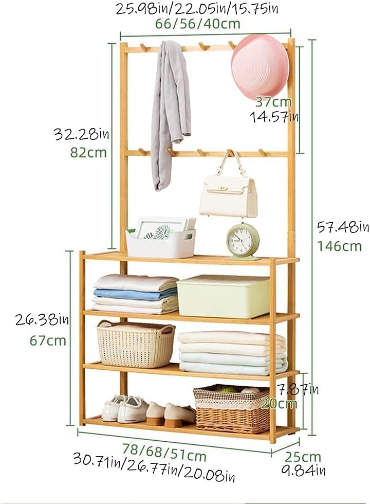 Bamboo Coat Rack with Shoe Rack, 4-Tier Storage Shelf Organiser 3