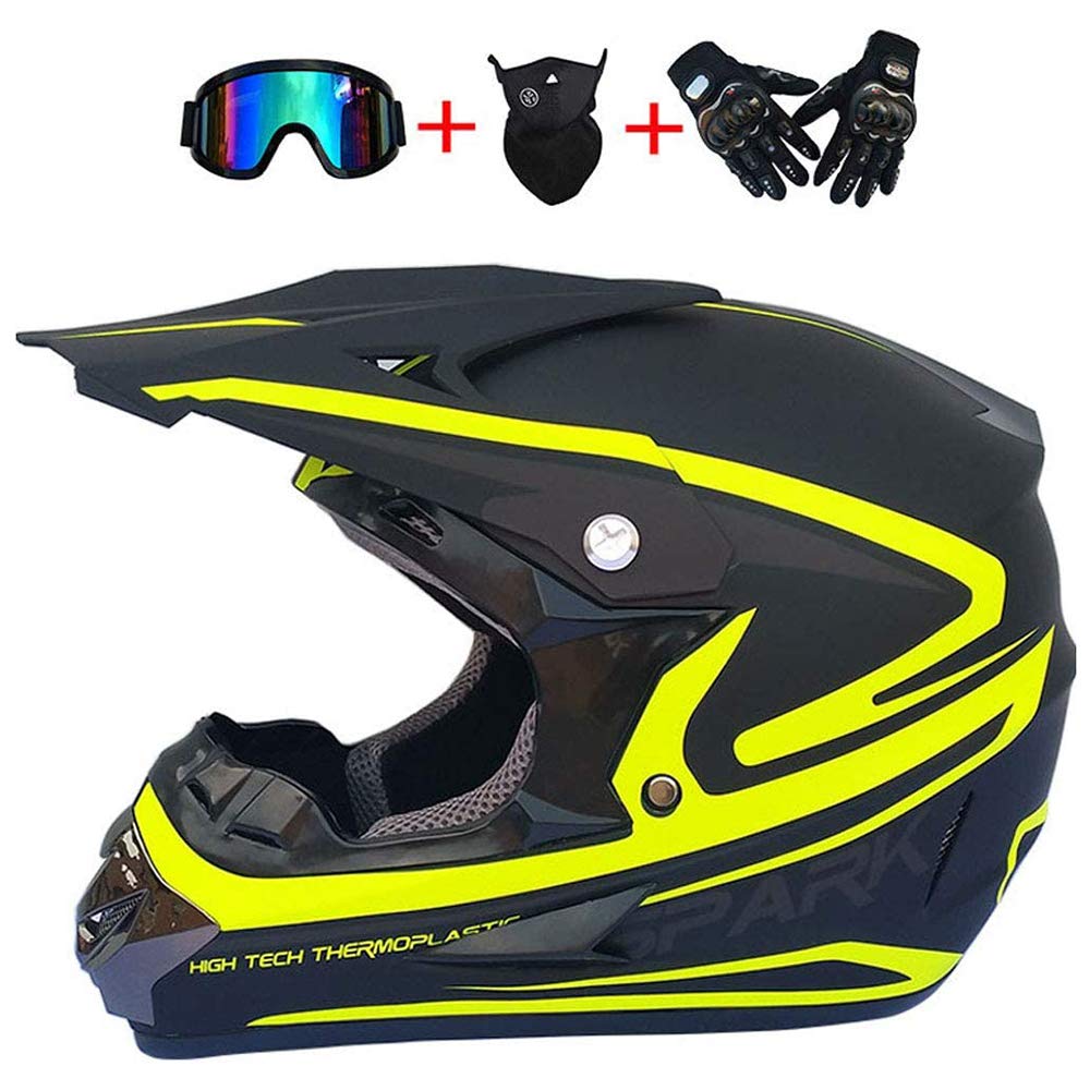 SHANREN Trail Bike City Helmet with Gloves Mask Goggles, Adult MX BMX Cross Motocross Helmet, Panther Yellow Moto Off Road Helmet for Kids Adult ATV Racing Enduro DH ATV Protective Gear,L