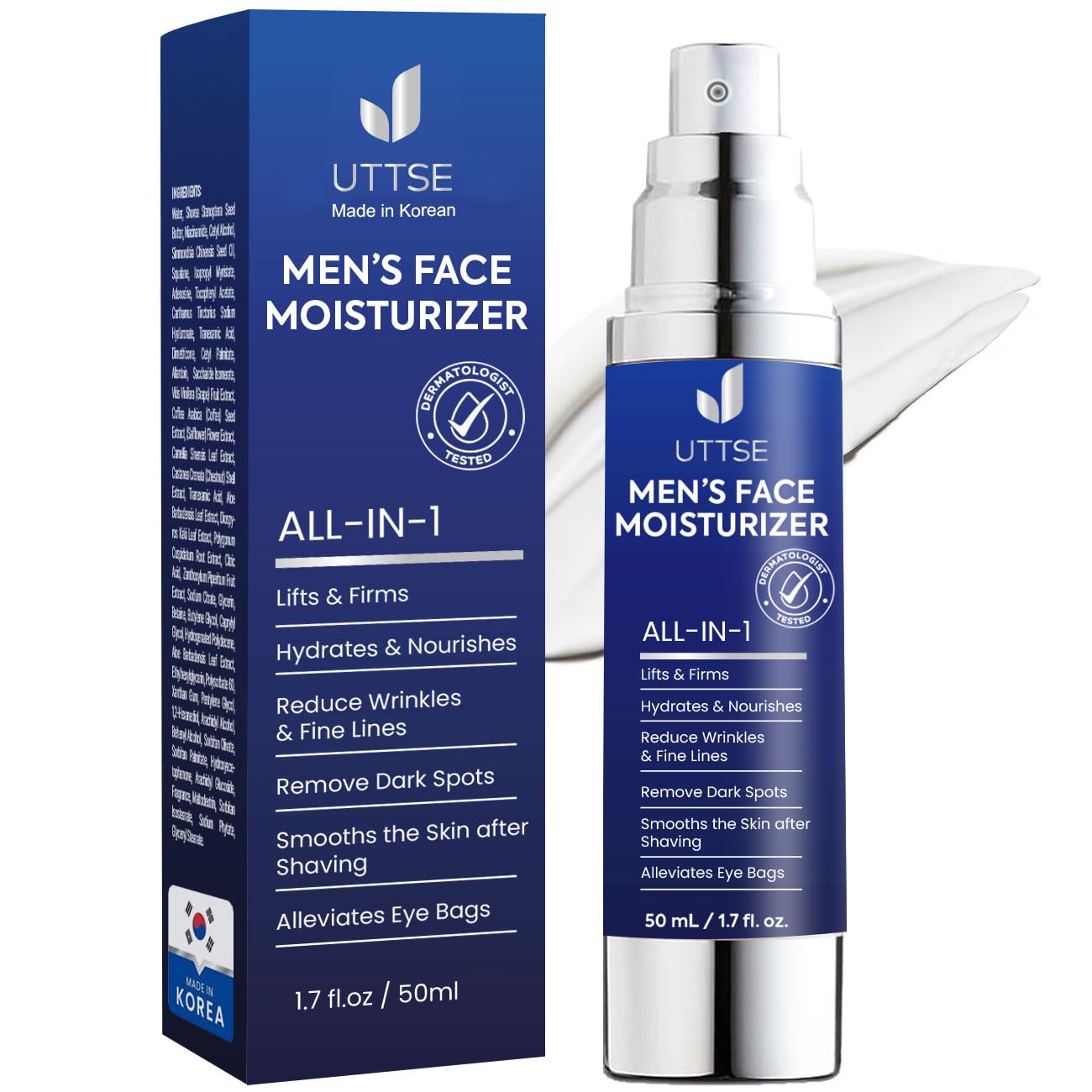 Uttse Men's Facial Moisturizer 6 in 1: Anti-Aging Facial Cream - Eye Bag Treatment - Skin Care For Men - 1.7 Fl Oz